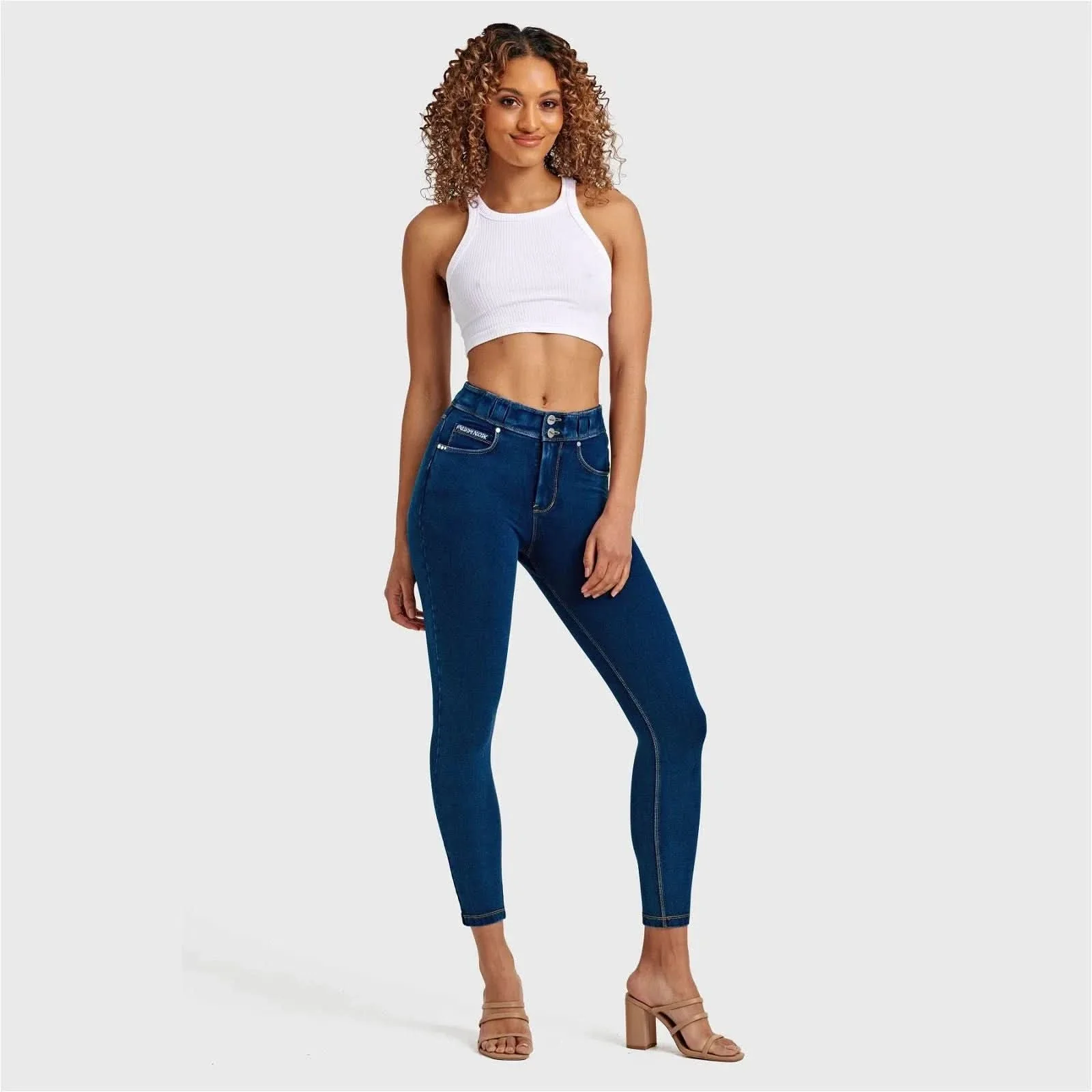 N.O.W® Denim - High Waisted - 7/8 Length - Dark Blue + Yellow Stitching - Image 3