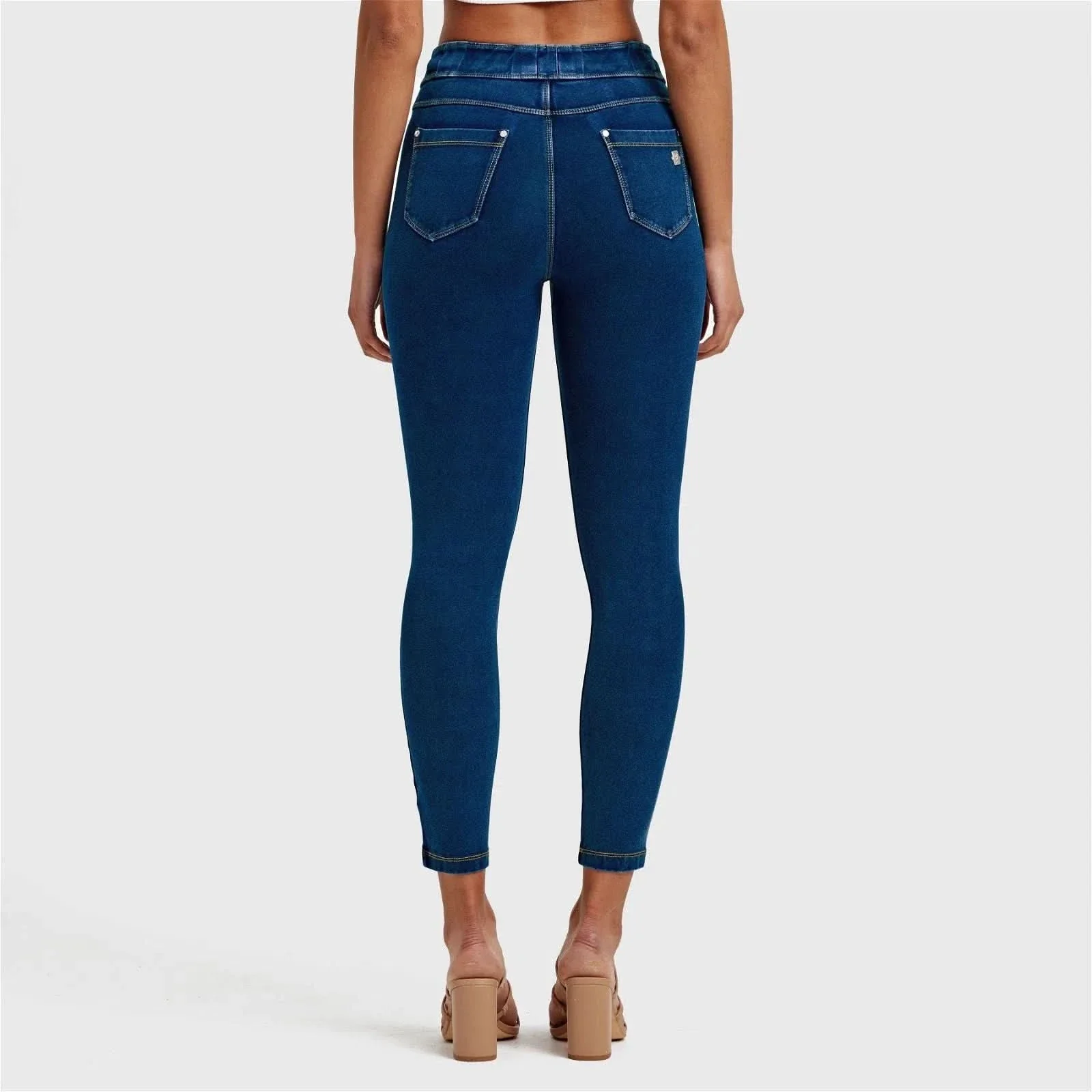 N.O.W® Denim - High Waisted - 7/8 Length - Dark Blue + Yellow Stitching - Image 6