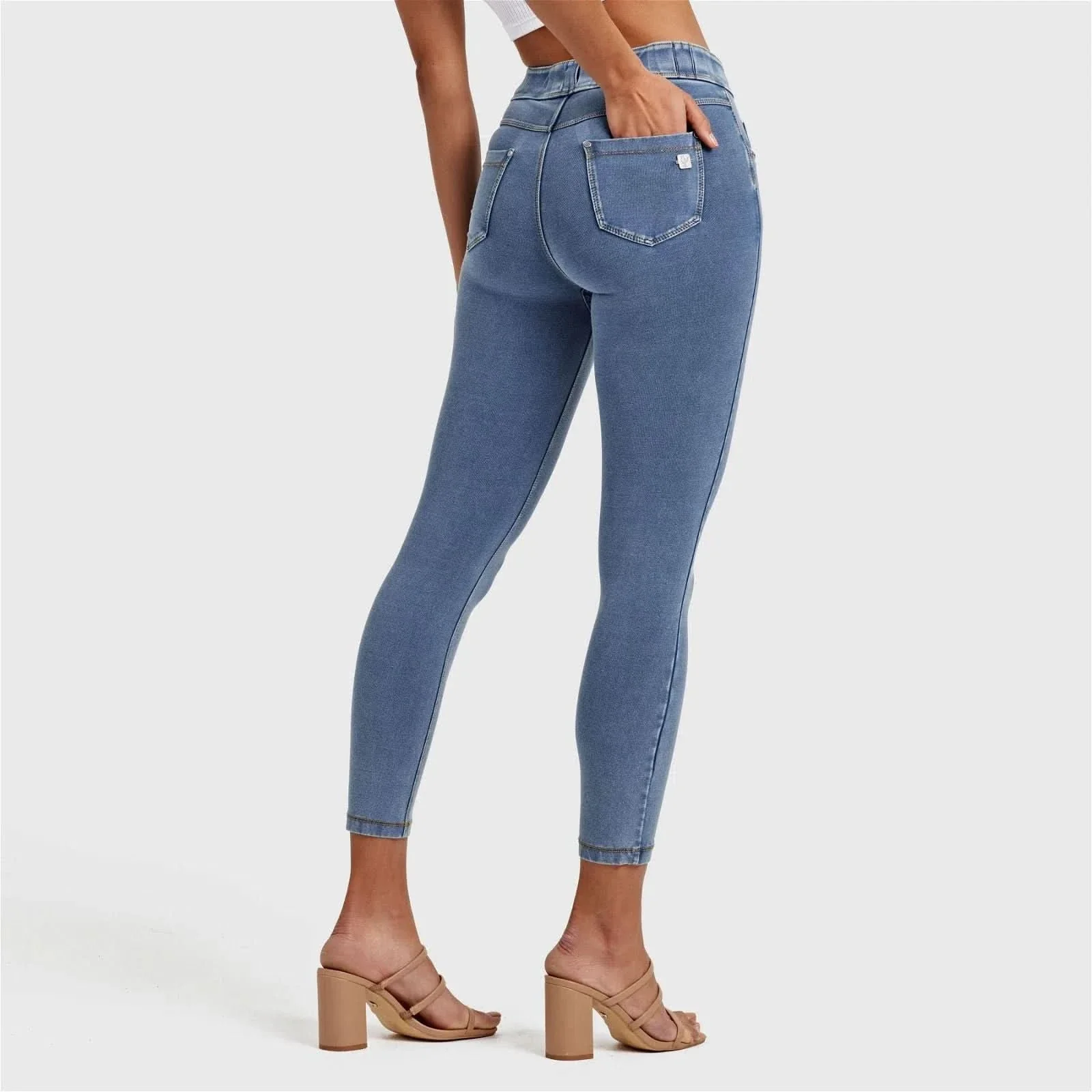 N.O.W® Denim - High Waisted - 7/8 Length - Light Blue + Yellow Stitching - Image 10