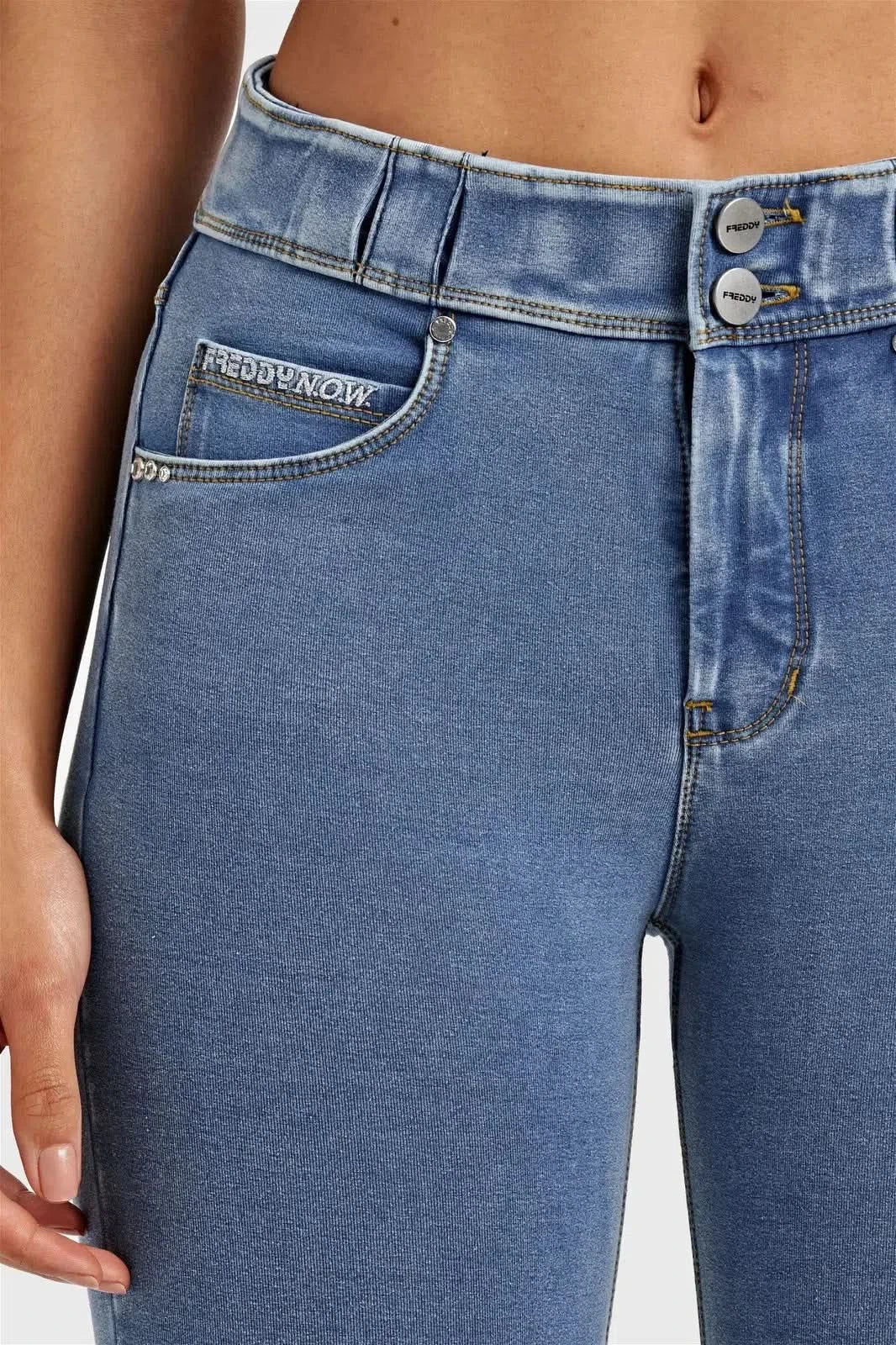 N.O.W® Denim - High Waisted - 7/8 Length - Light Blue + Yellow Stitching - Image 11