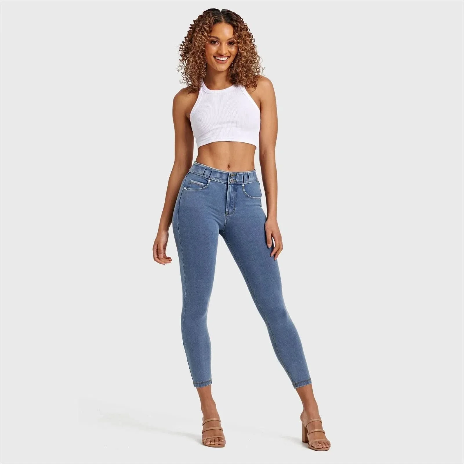 N.O.W® Denim - High Waisted - 7/8 Length - Light Blue + Yellow Stitching - Image 6