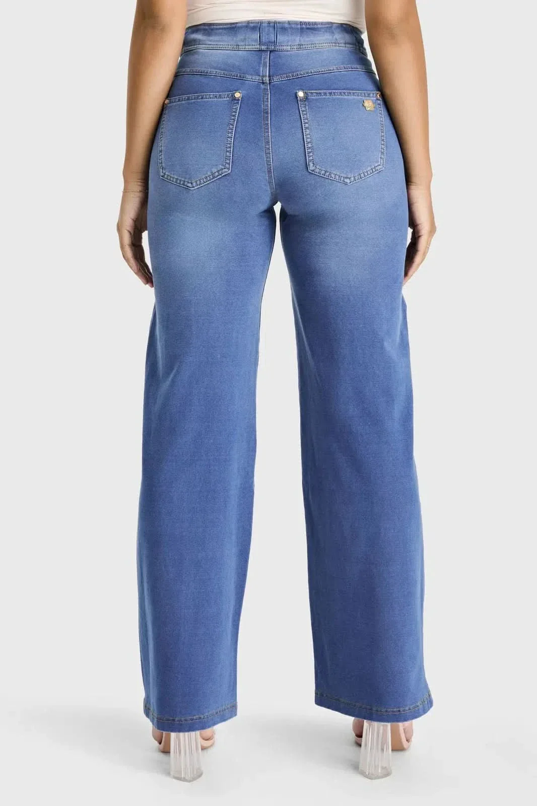 N.O.W® Denim Limited Edition - High Waisted - Wide Leg - Light Blue + Yellow Stitching - Image 7