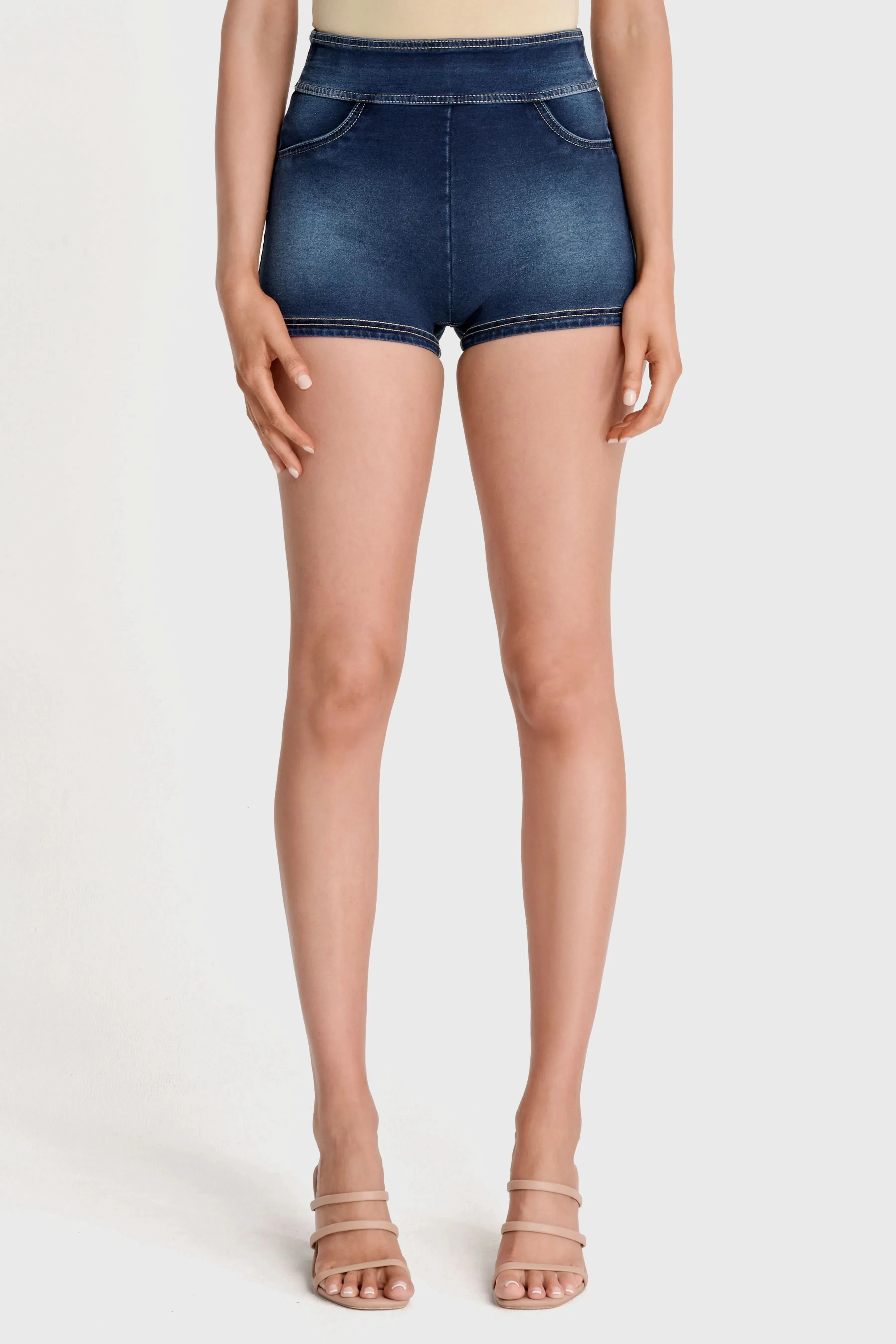 NOW Denim - High Waisted - Shorts - Dark Blue + Beige Stitching - Image 8