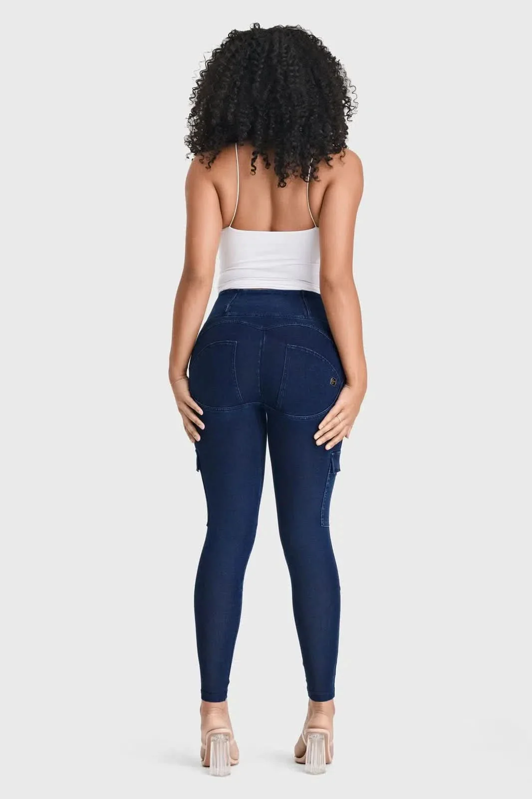 WRUP Cargo Denim - High Waisted - 7/8 Length - Dark Blue + Blue Stitching - Image 3