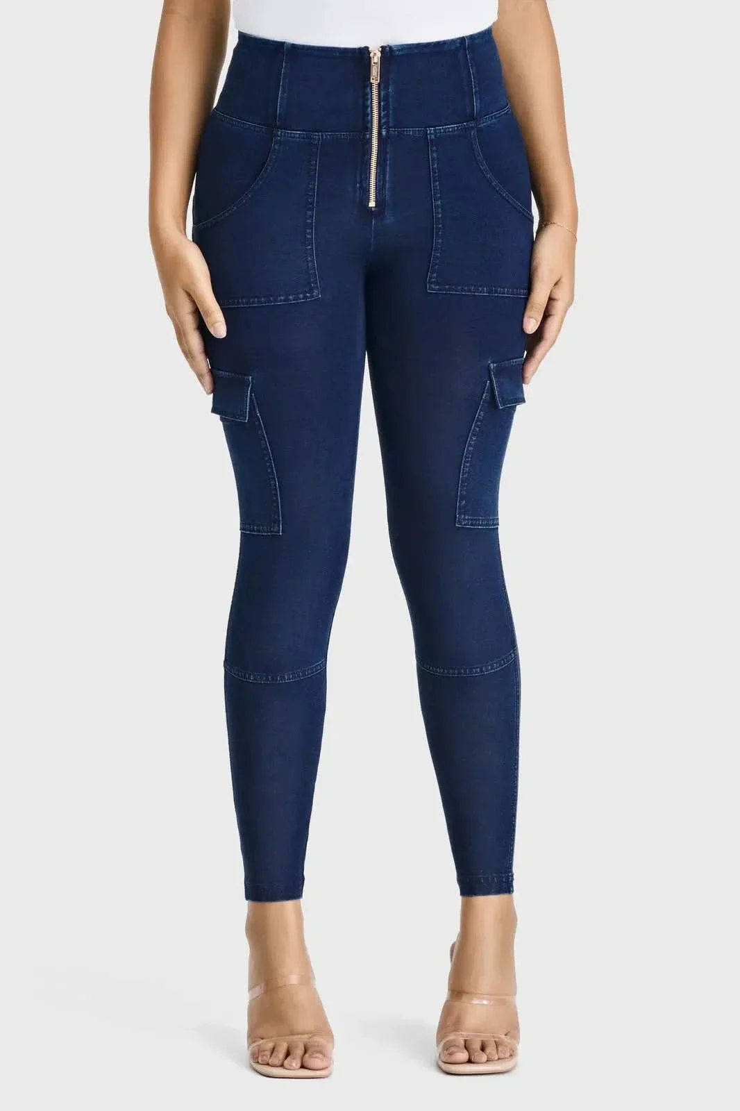 WRUP Cargo Denim - High Waisted - 7/8 Length - Dark Blue + Blue Stitching - Image 5