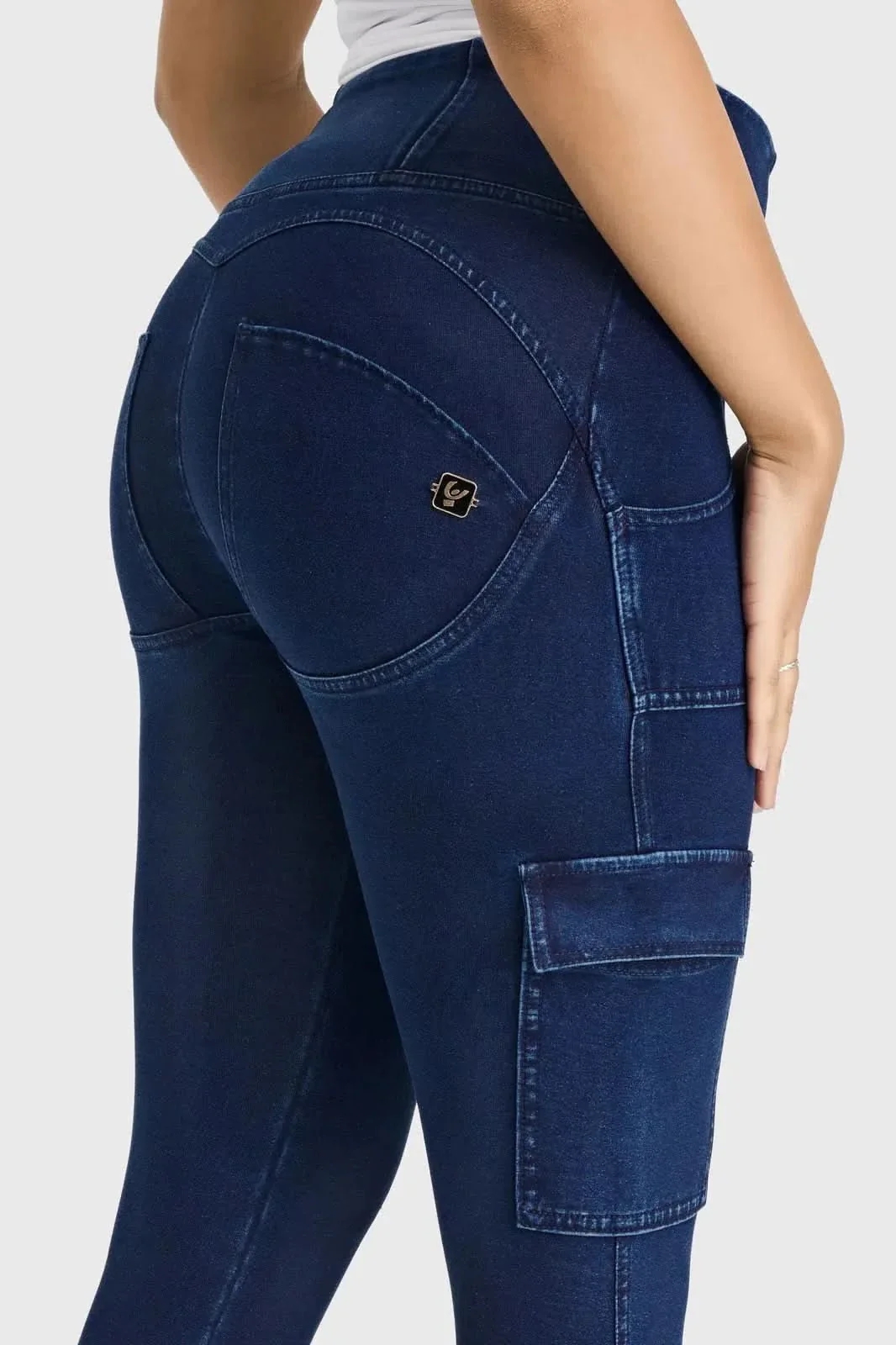 WRUP Cargo Denim - High Waisted - 7/8 Length - Dark Blue + Blue Stitching - Image 7