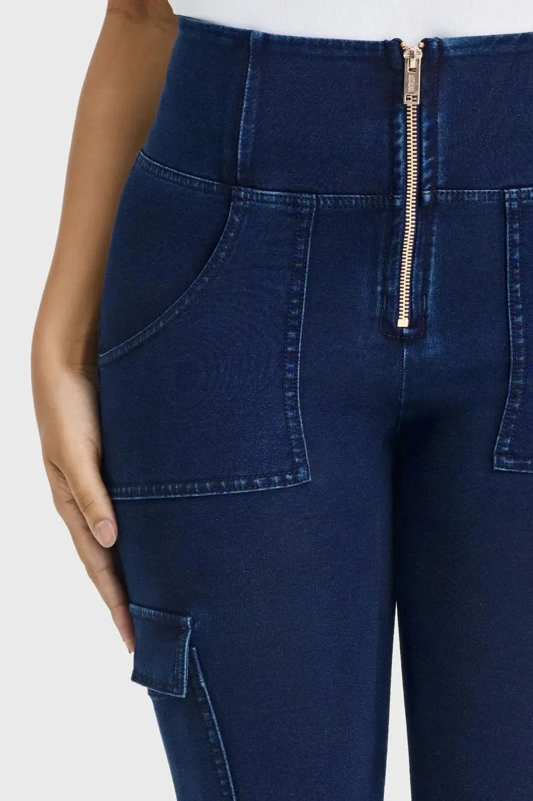 WRUP Cargo Denim - High Waisted - 7/8 Length - Dark Blue + Blue Stitching - Image 8