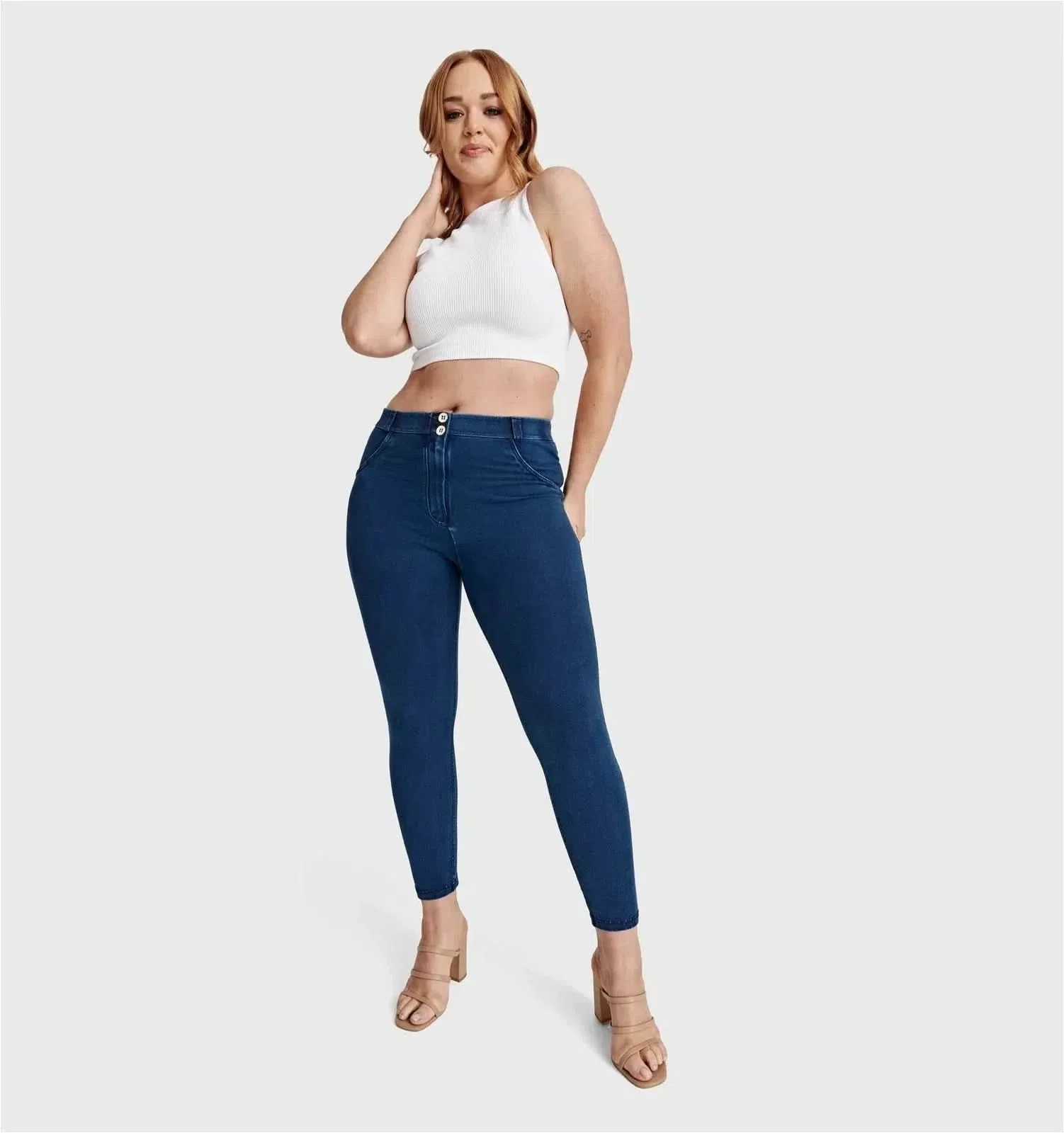 WRUP Curvy Denim - High Waisted - 7/8 Length - Blue + Blue Stitching - Image 3
