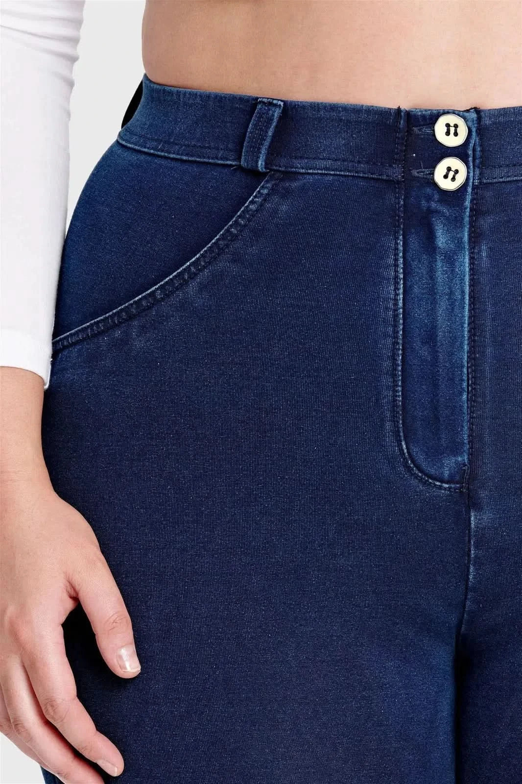 WRUP Curvy Denim - High Waisted - Full Length - Dark Blue + Blue Stitching - Image 8