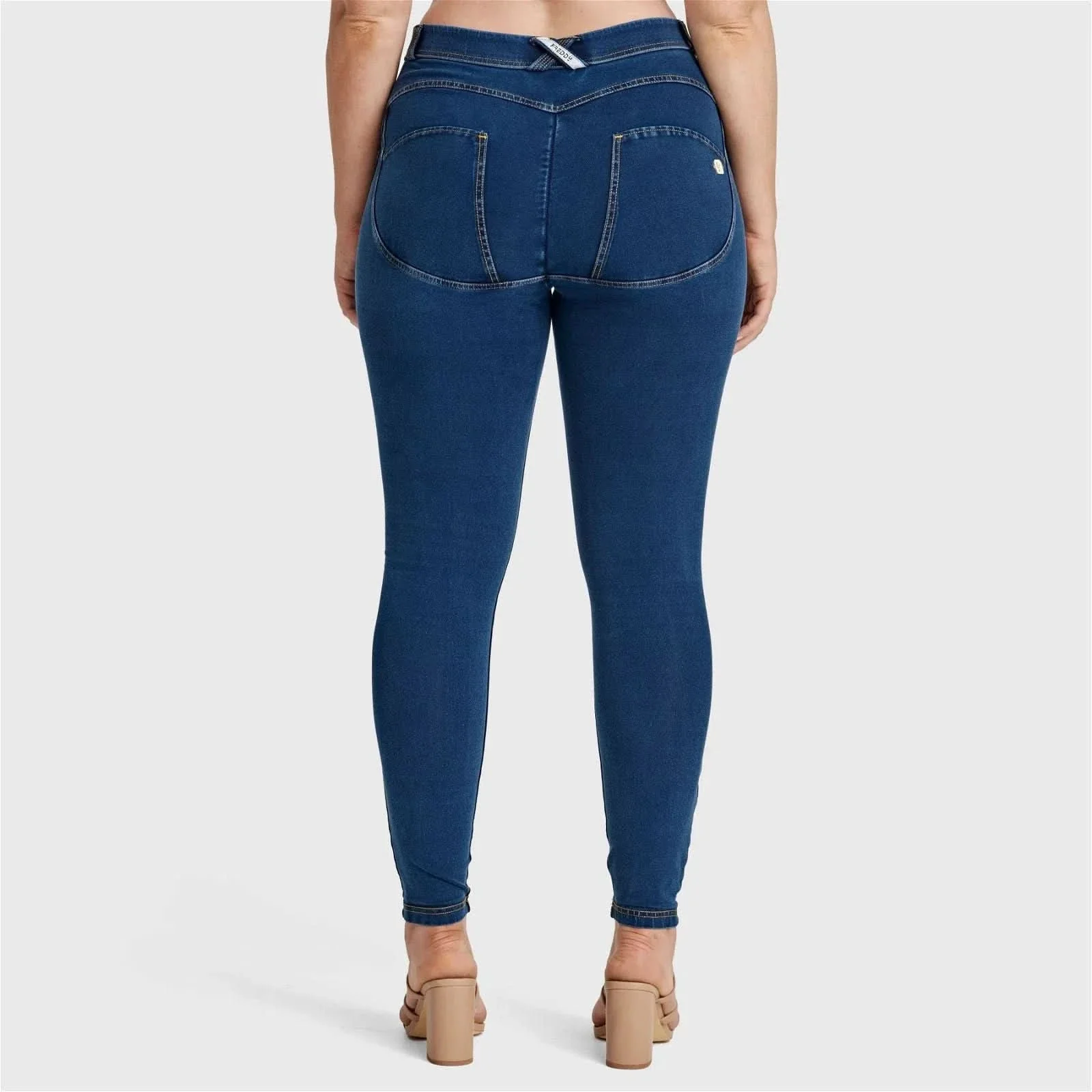 WRUP Curvy Denim - High Waisted - Full Length - Dark Blue + Yellow Stitching - Image 2
