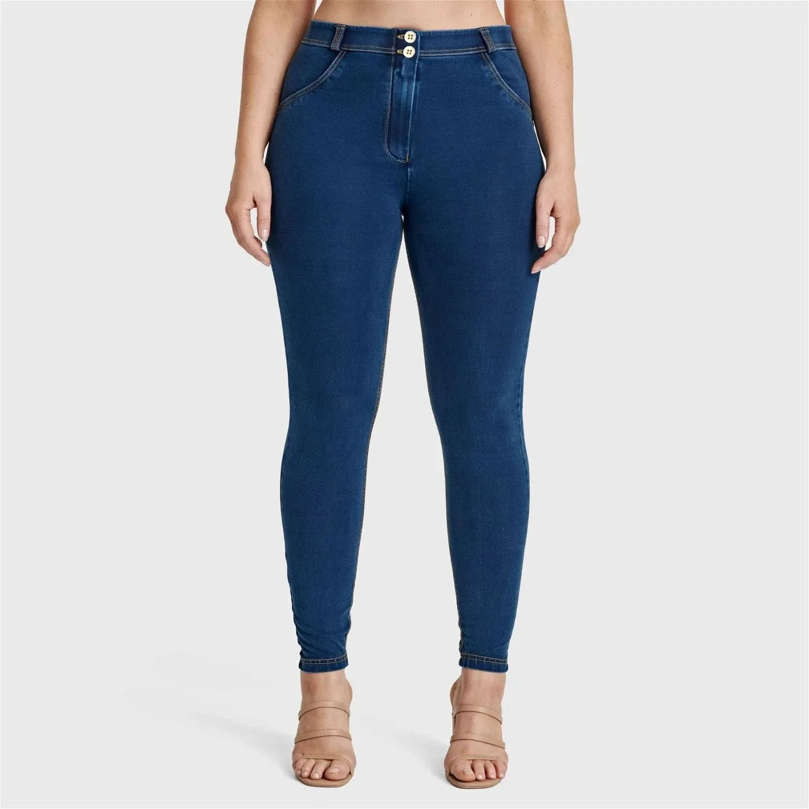 WRUP Curvy Denim - High Waisted - Full Length - Dark Blue + Yellow Stitching - Image 3