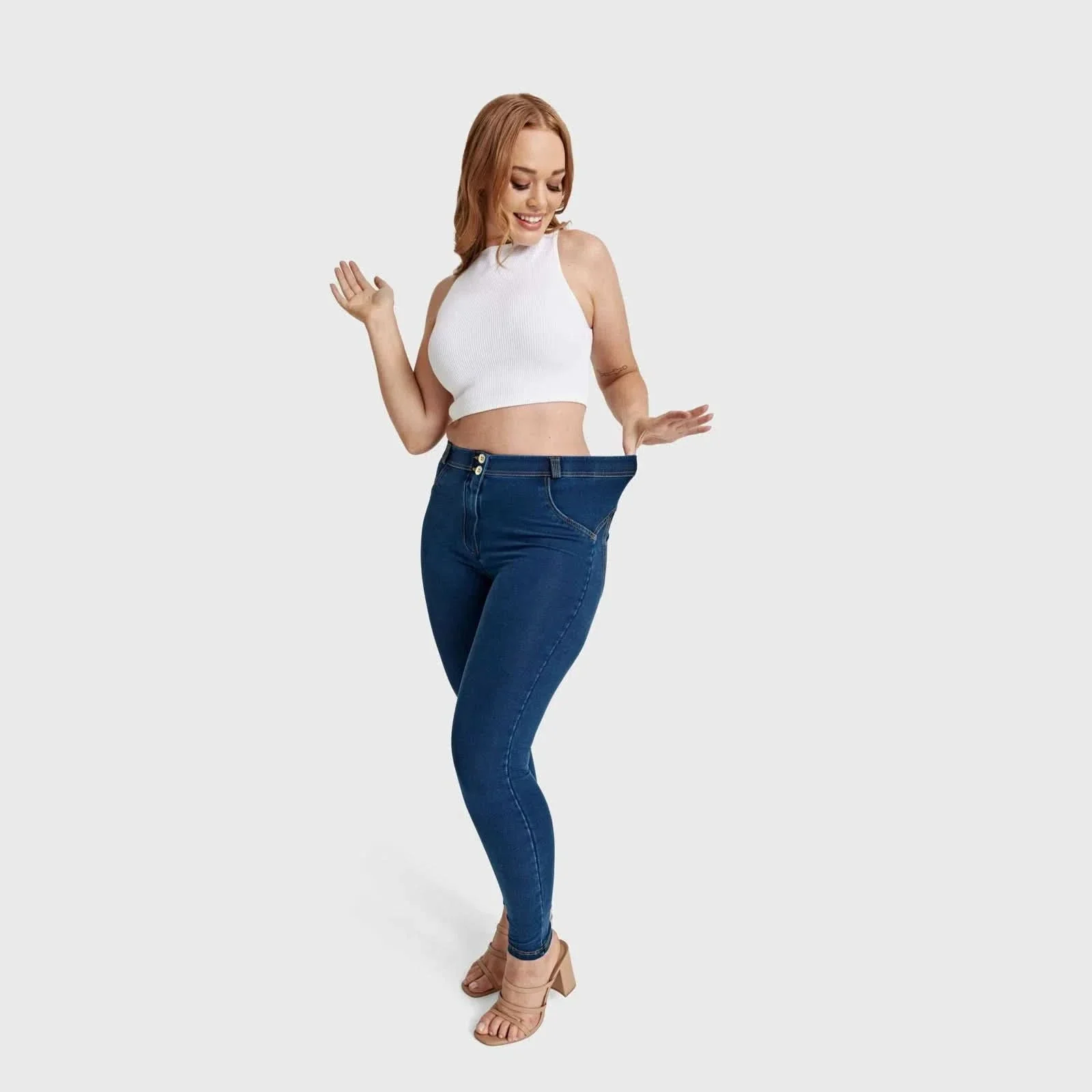 WRUP Curvy Denim - High Waisted - Full Length - Dark Blue + Yellow Stitching - Image 4