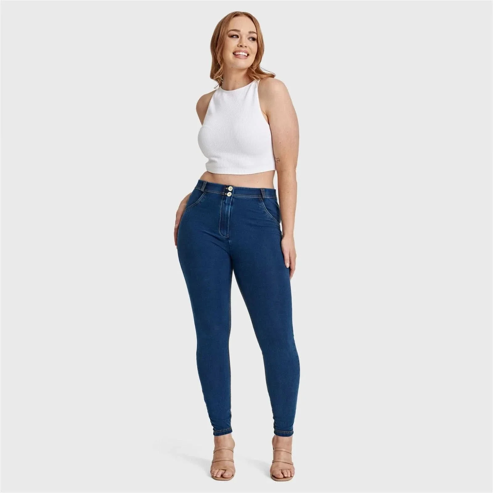 WRUP Curvy Denim - High Waisted - Full Length - Dark Blue + Yellow Stitching - Image 5