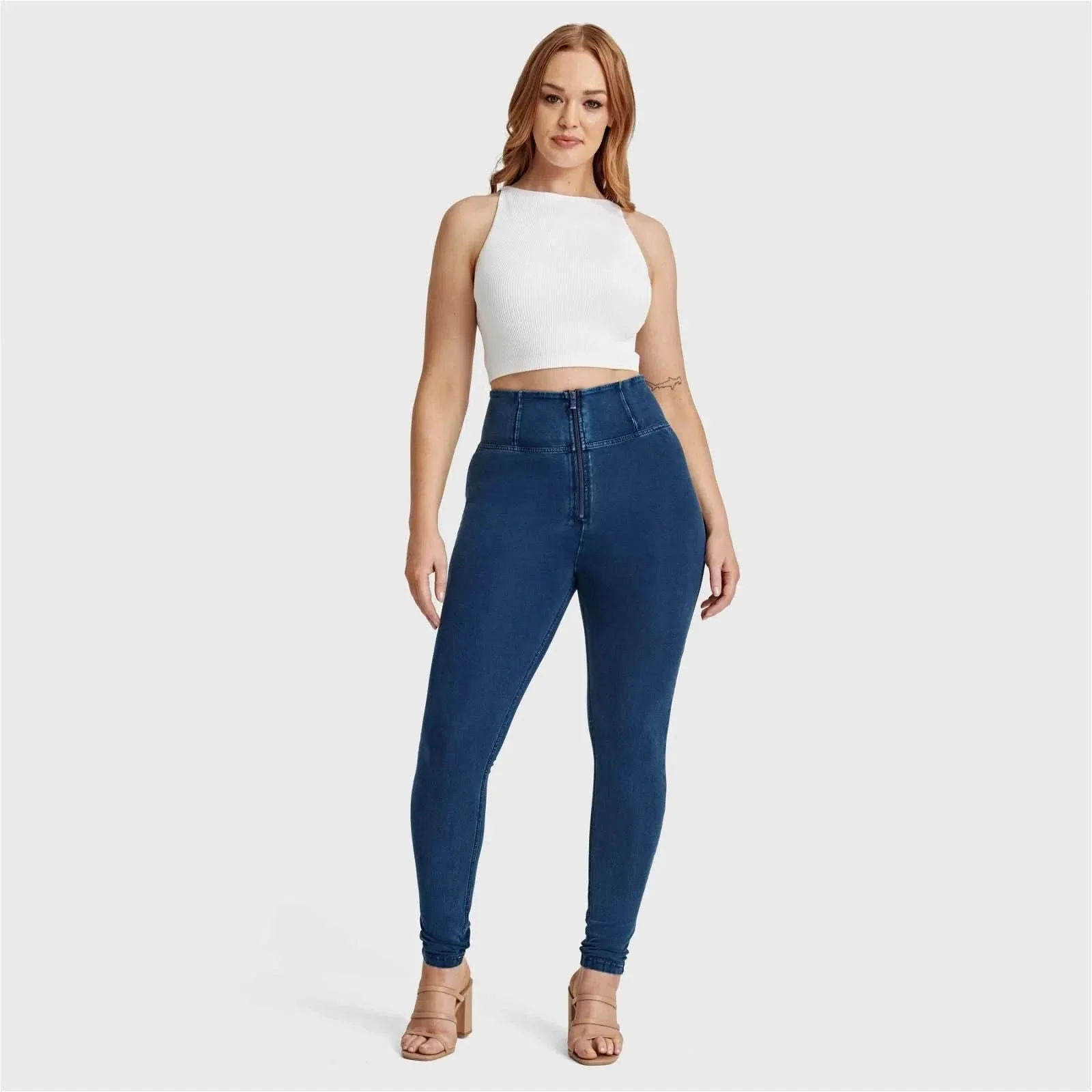 WRUP Curvy Denim - Zip High Waisted - Full Length - Dark Blue + Blue Stitching - Image 5