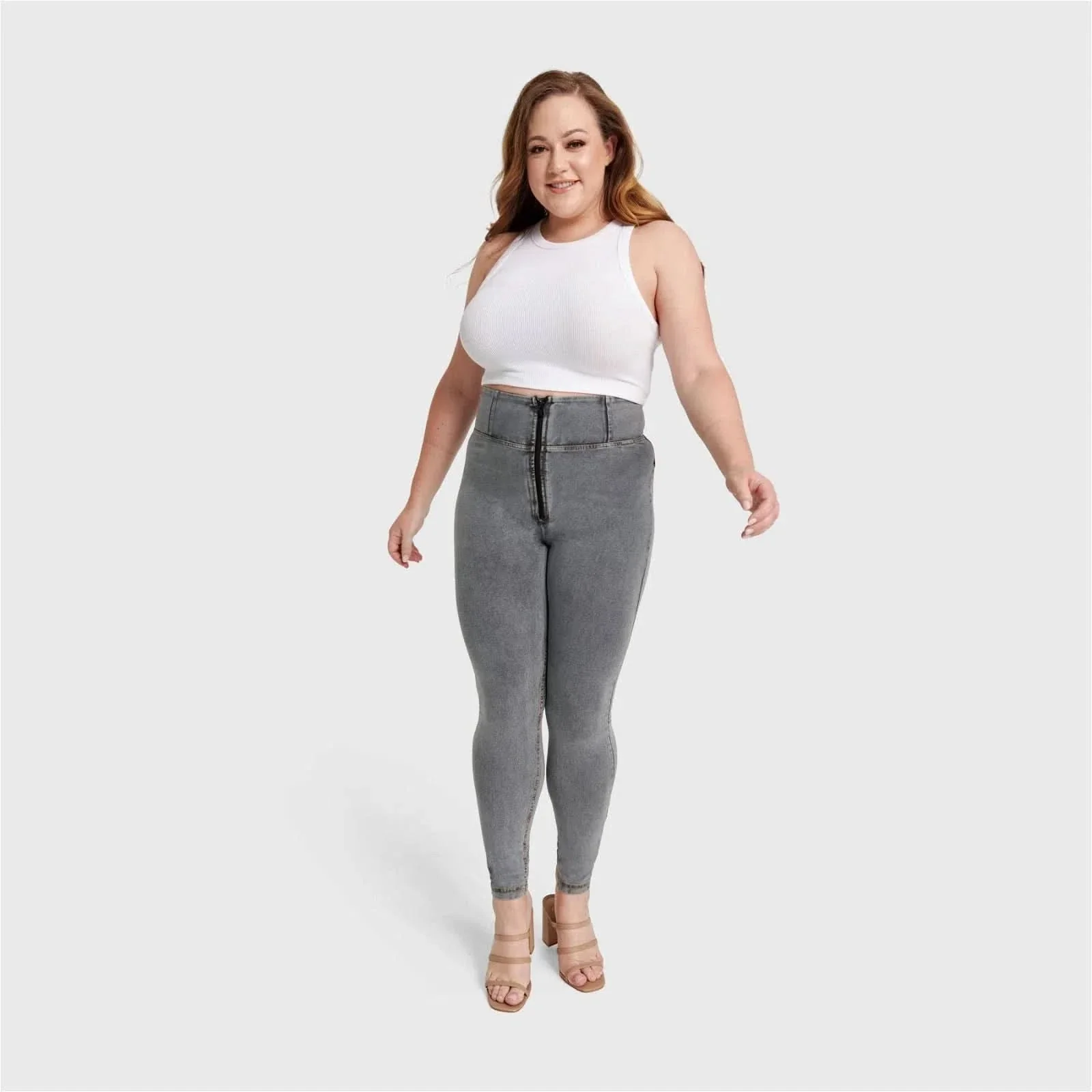 WRUP Curvy Denim - Zip High Waisted - Full Length - Gray + Yellow Stitching - Image 3