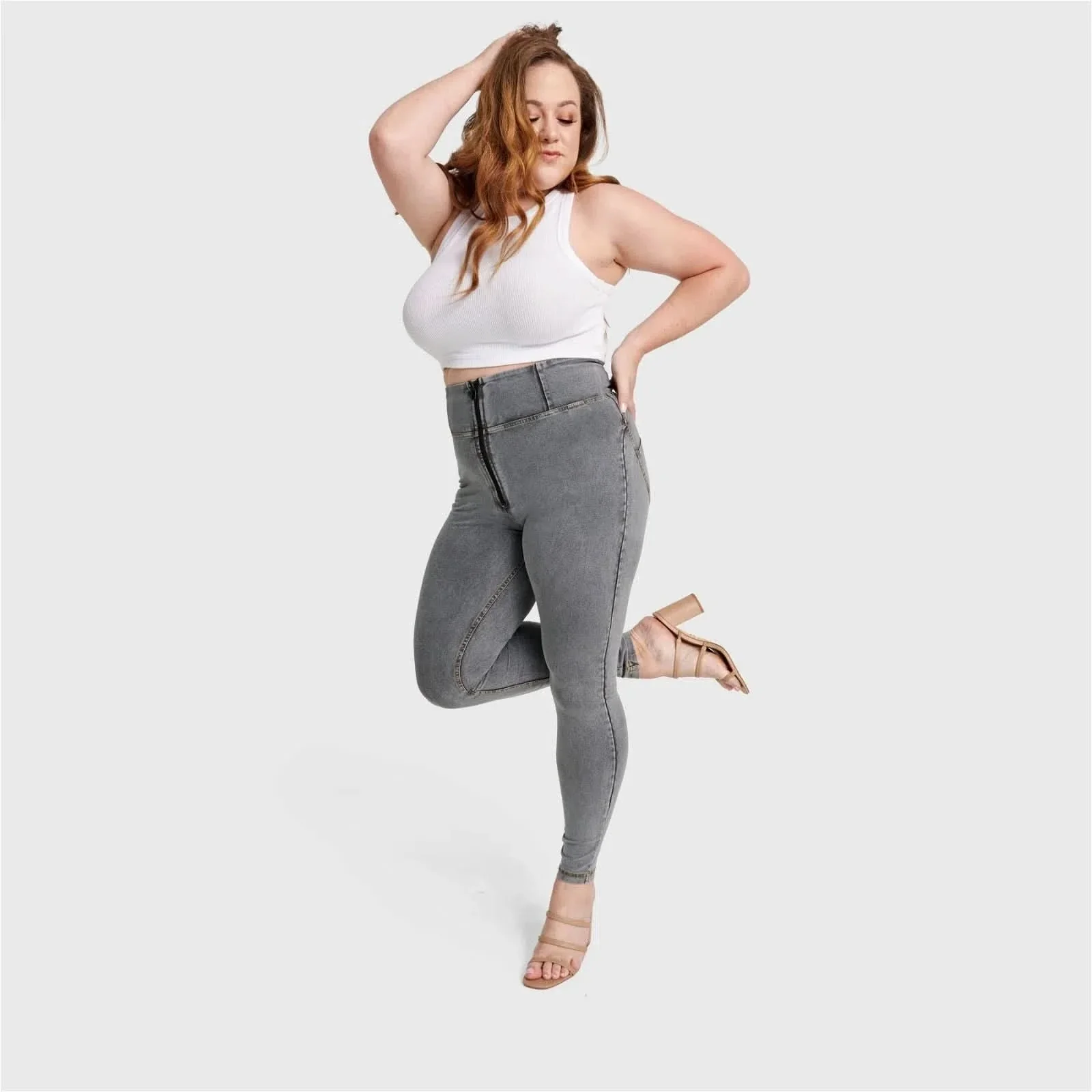 WRUP Curvy Denim - Zip High Waisted - Full Length - Gray + Yellow Stitching - Image 5
