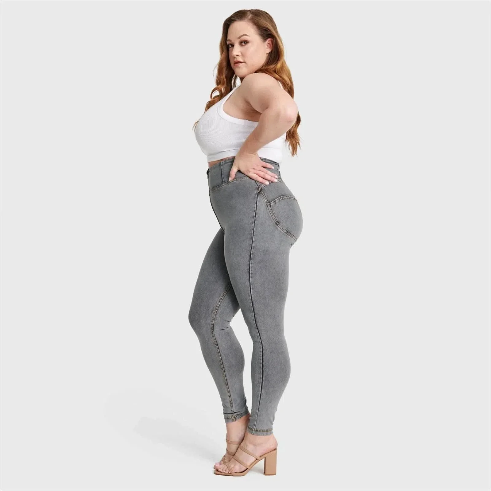WRUP Curvy Denim - Zip High Waisted - Full Length - Gray + Yellow Stitching - Image 8