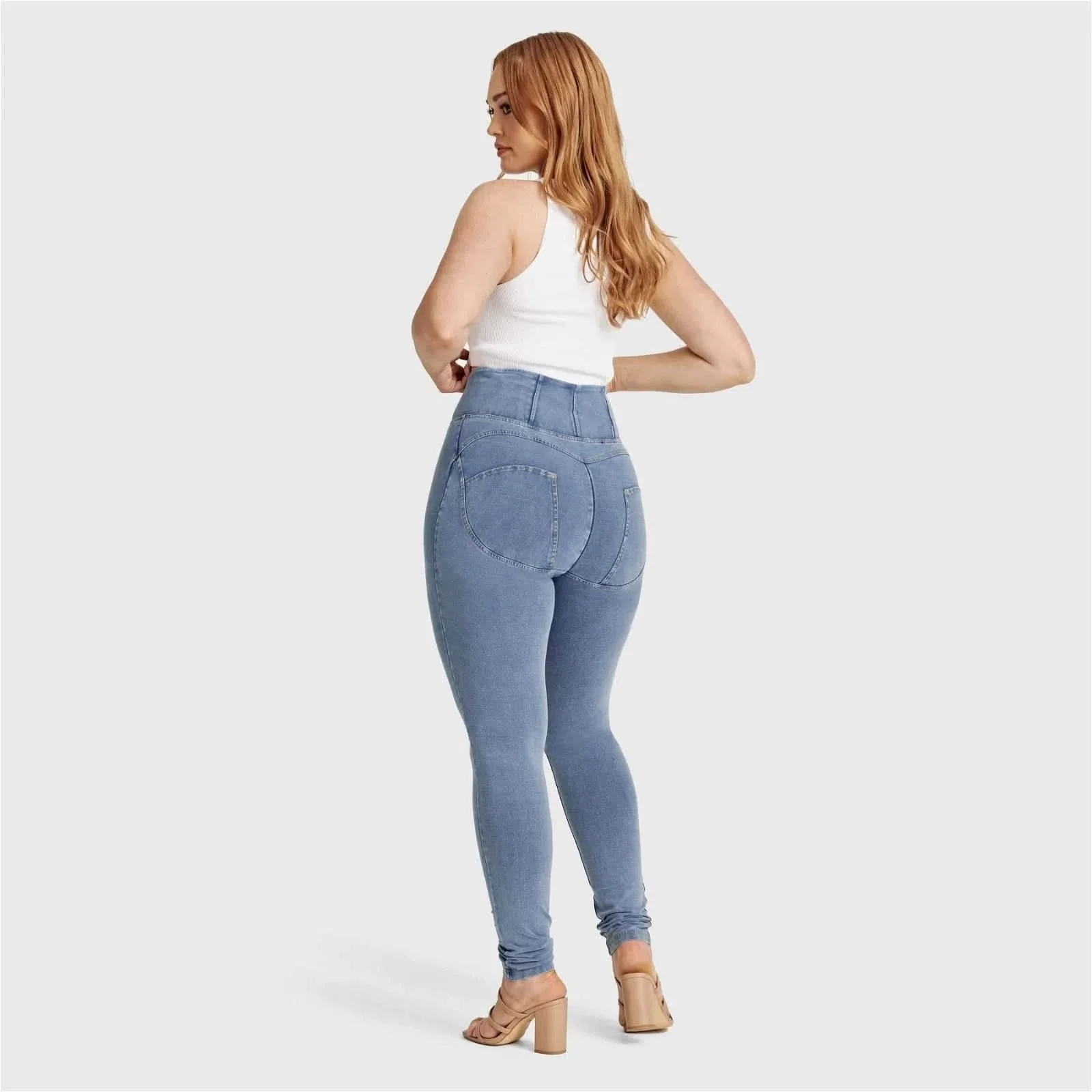 WRUP Curvy Denim - Zip High Waisted - Full Length - Light Blue + Yellow Stitching - Image 4