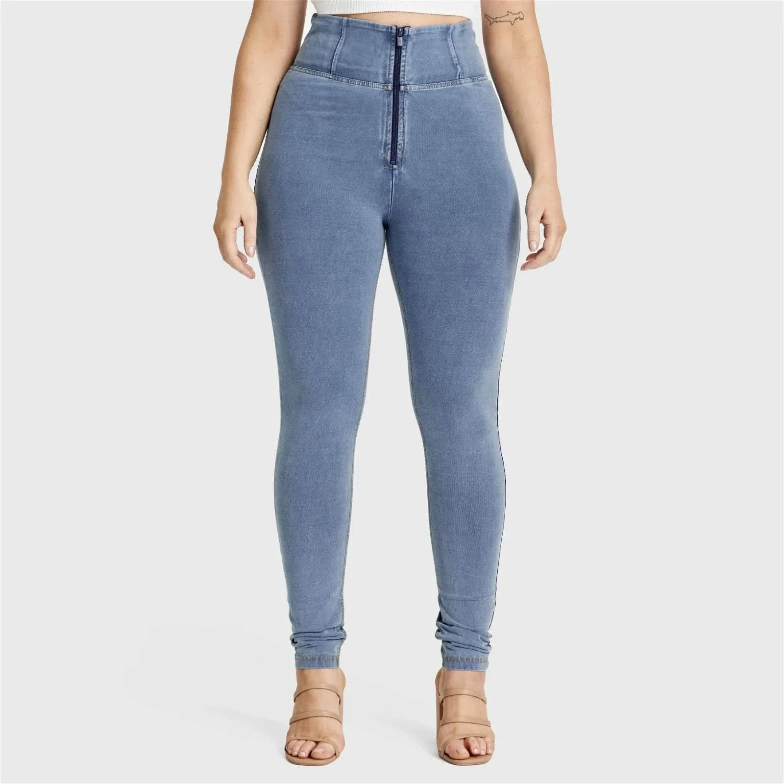 WRUP Curvy Denim - Zip High Waisted - Full Length - Light Blue + Yellow Stitching - Image 9
