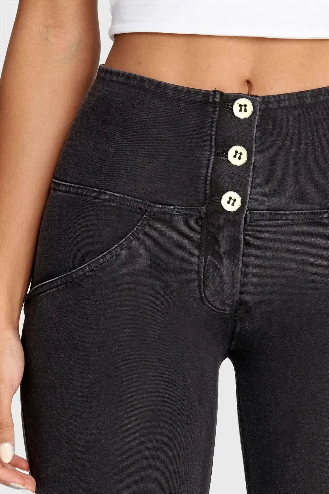 WRUP Denim - 3 Button High Waisted - 7/8 Length - Black + Black Stitching - Image 10