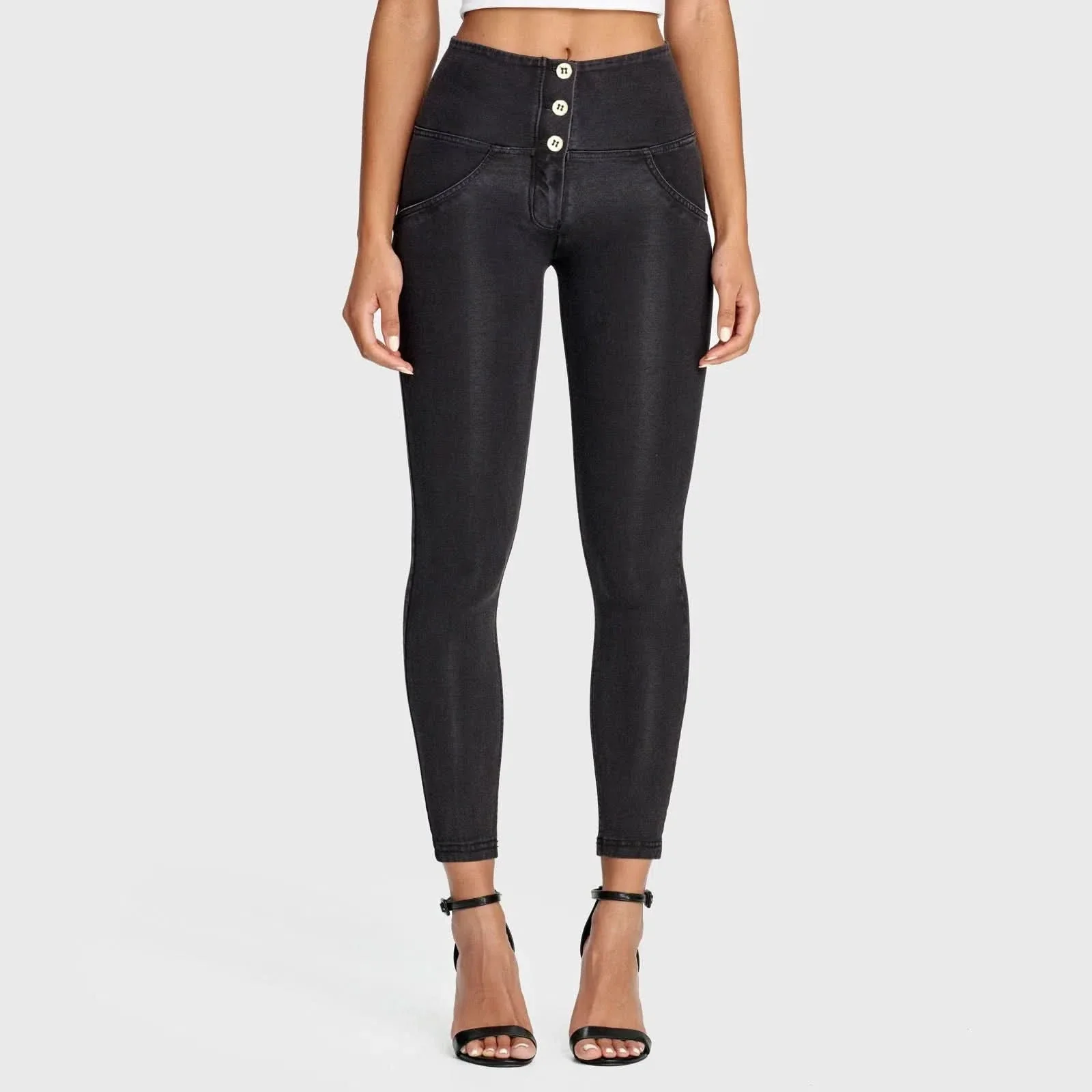 WRUP Denim - 3 Button High Waisted - 7/8 Length - Black + Black Stitching - Image 2