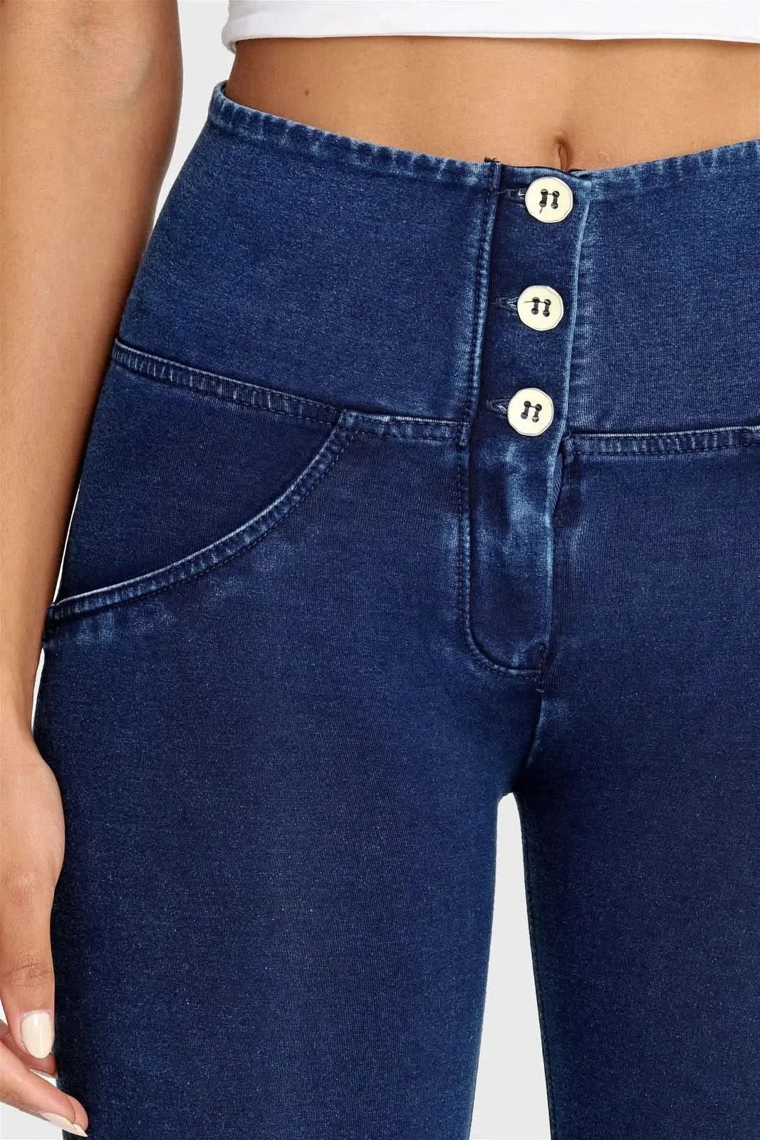 WRUP Denim - 3 Button High Waisted - 7/8 Length - Dark Blue + Blue Stitching - Image 11