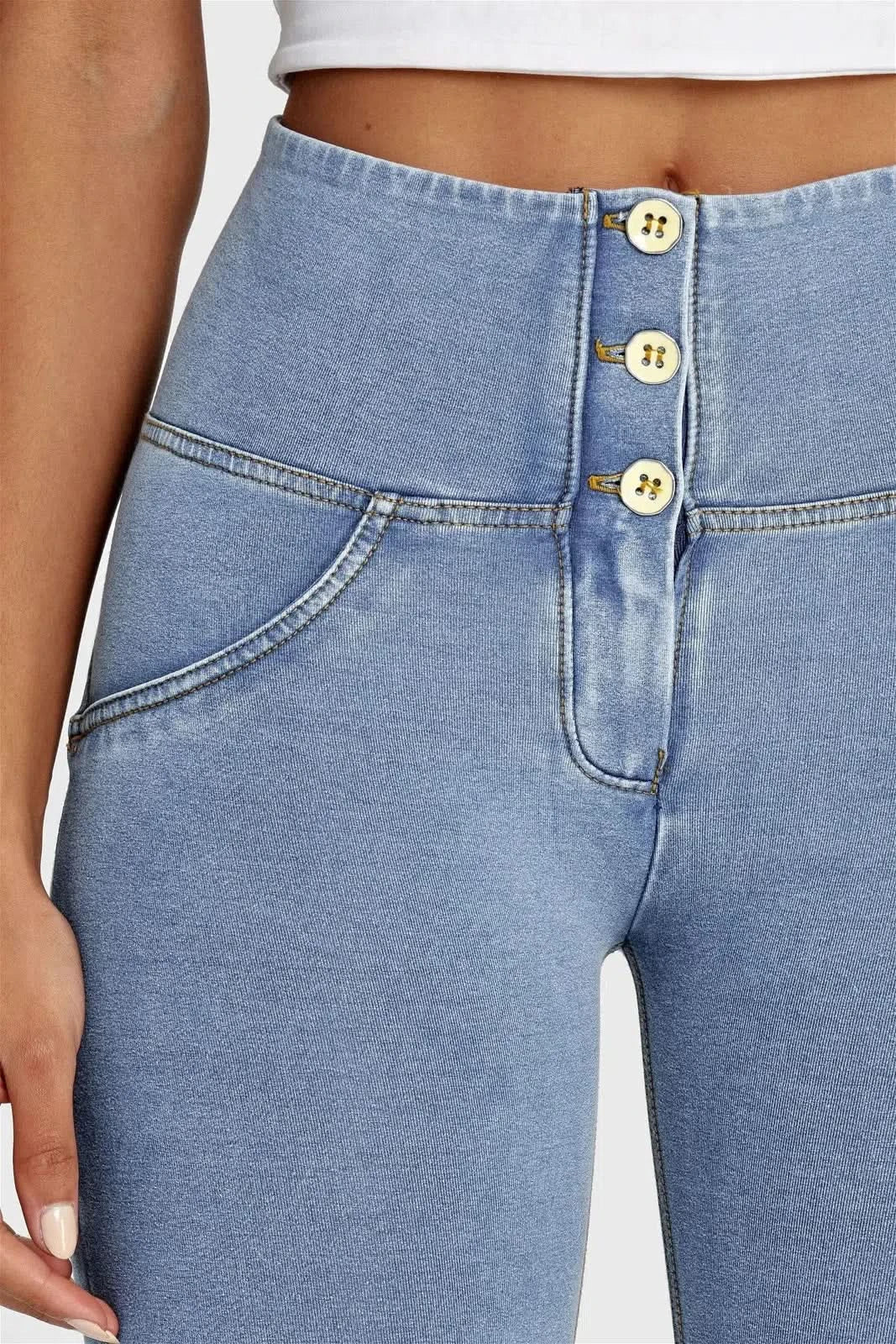 WRUP Denim - 3 Button High Waisted - 7/8 Length - Light Blue + Yellow Stitching - Image 10