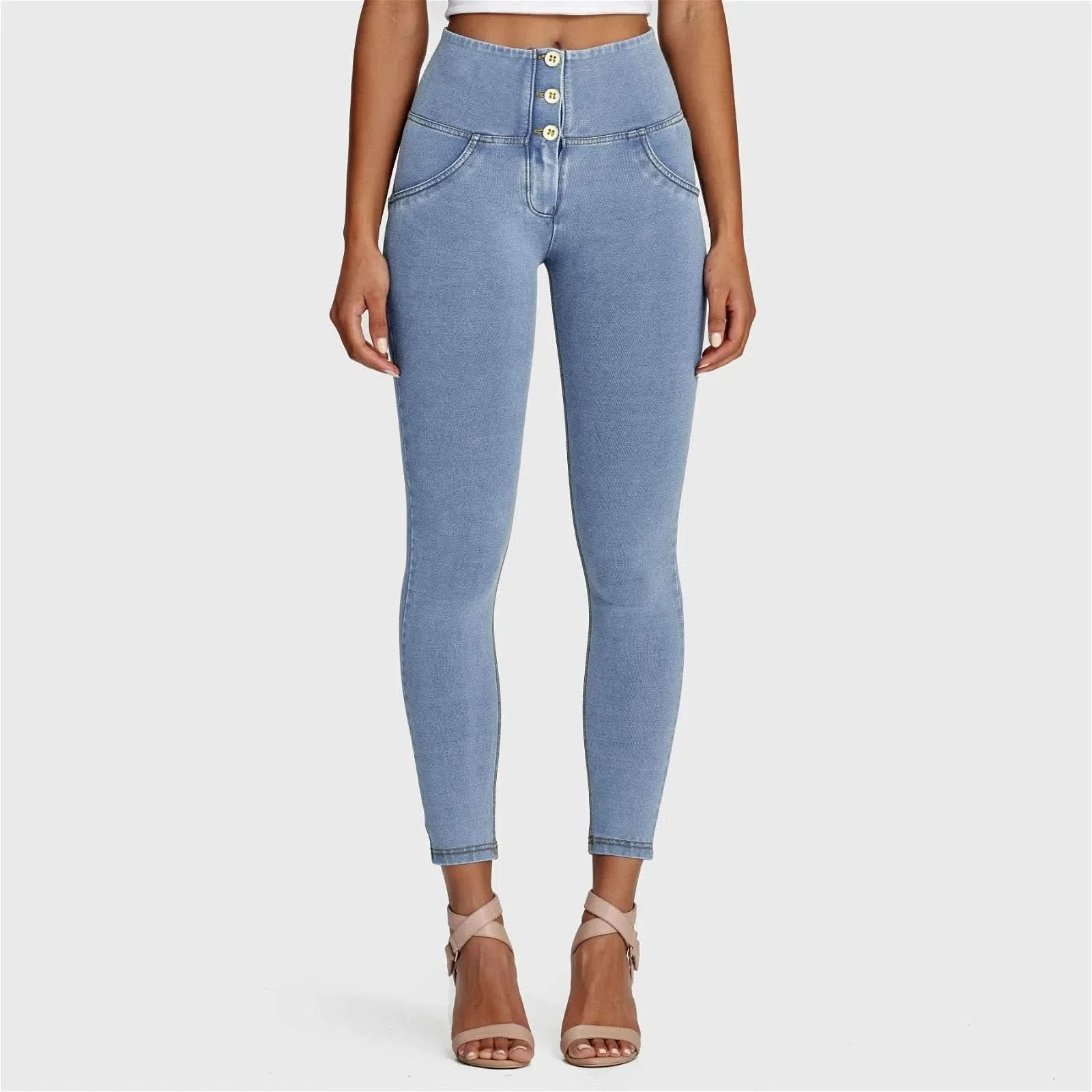 WRUP Denim - 3 Button High Waisted - 7/8 Length - Light Blue + Yellow Stitching - Image 11