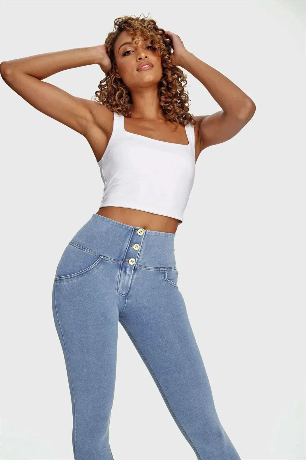 WRUP Denim - 3 Button High Waisted - 7/8 Length - Light Blue + Yellow Stitching - Image 2