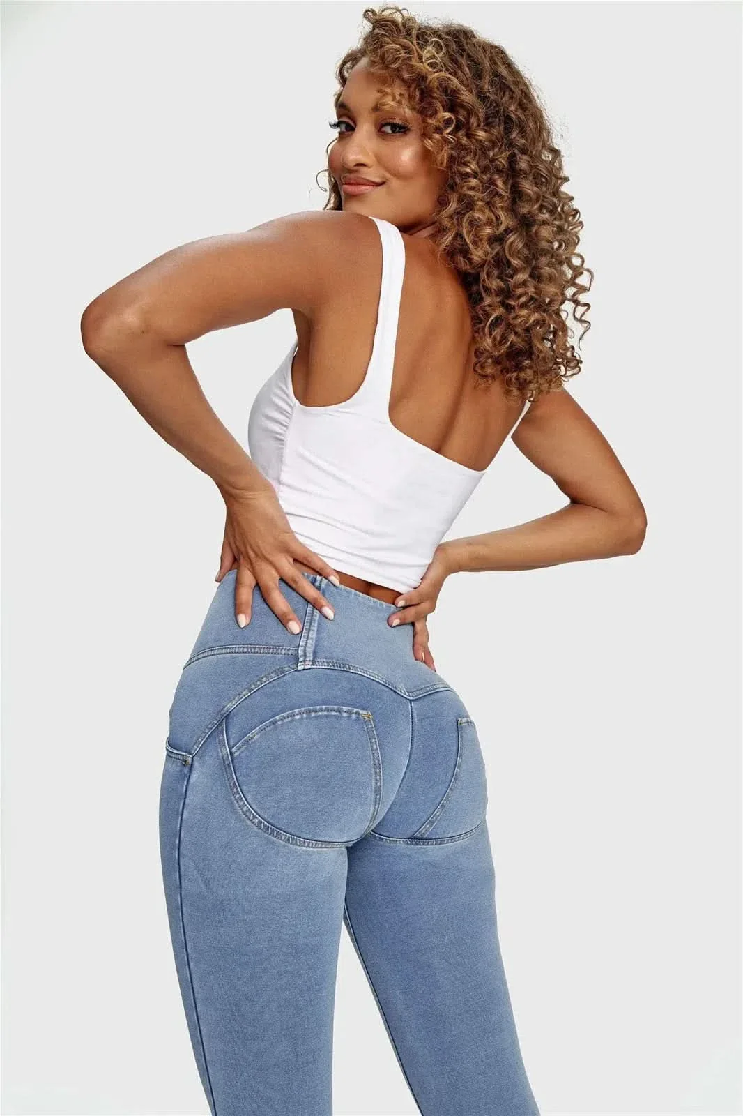 WRUP Denim - 3 Button High Waisted - 7/8 Length - Light Blue + Yellow Stitching - Image 5