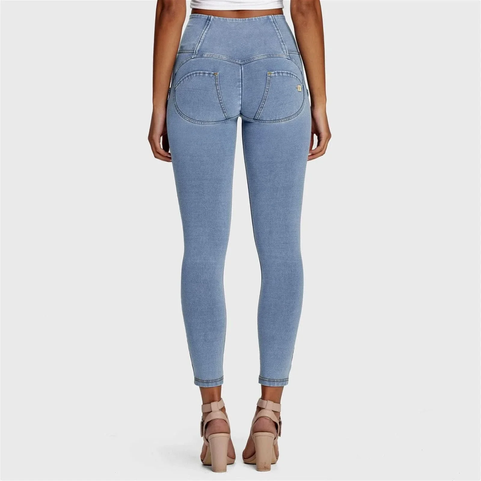 WRUP Denim - 3 Button High Waisted - 7/8 Length - Light Blue + Yellow Stitching - Image 6