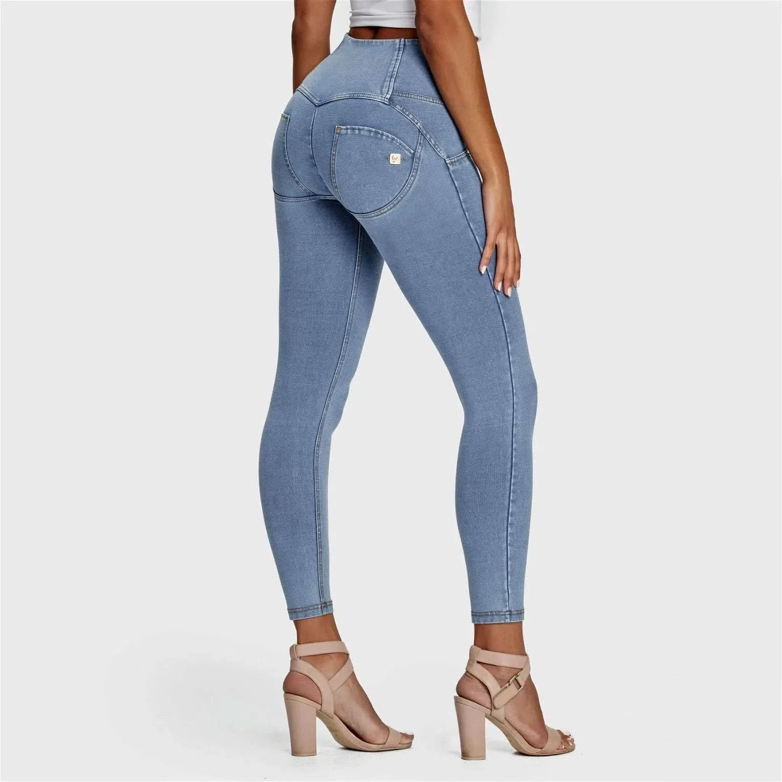 WRUP Denim - 3 Button High Waisted - 7/8 Length - Light Blue + Yellow Stitching - Image 7