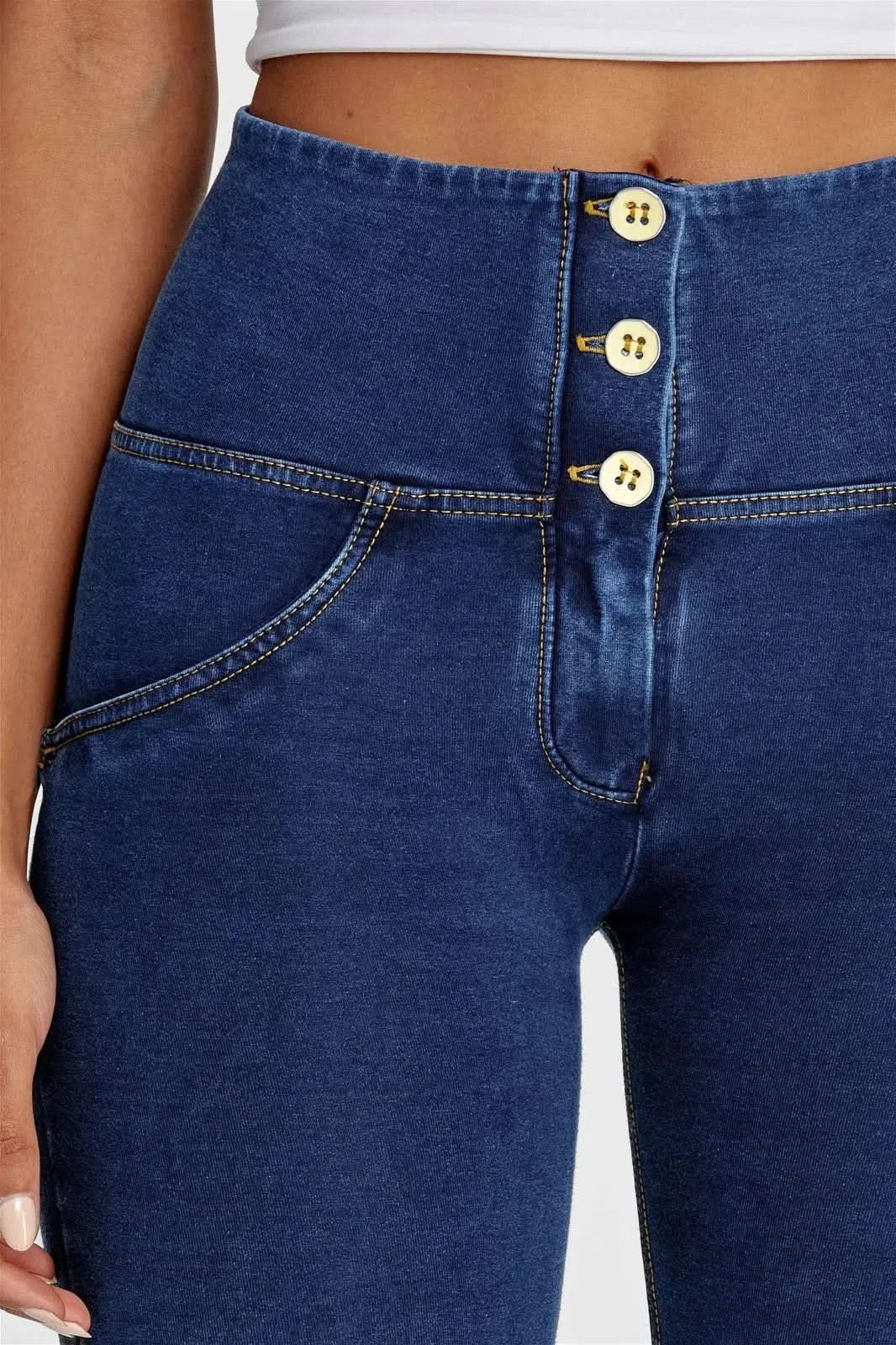 WRUP Denim - 3 Button High Waisted - Full Length - Dark Blue + Yellow Stitching - Image 9