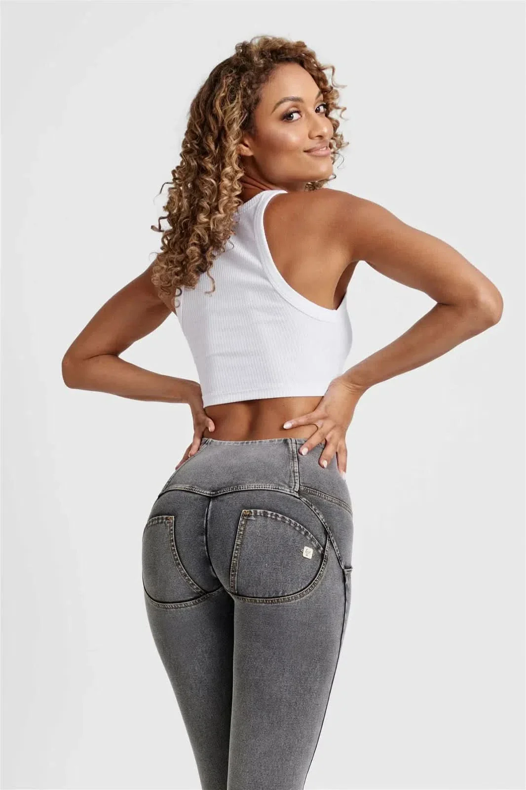 WRUP Denim - 3 Button High Waisted - Full Length - Grey + Yellow Stitching - Image 7