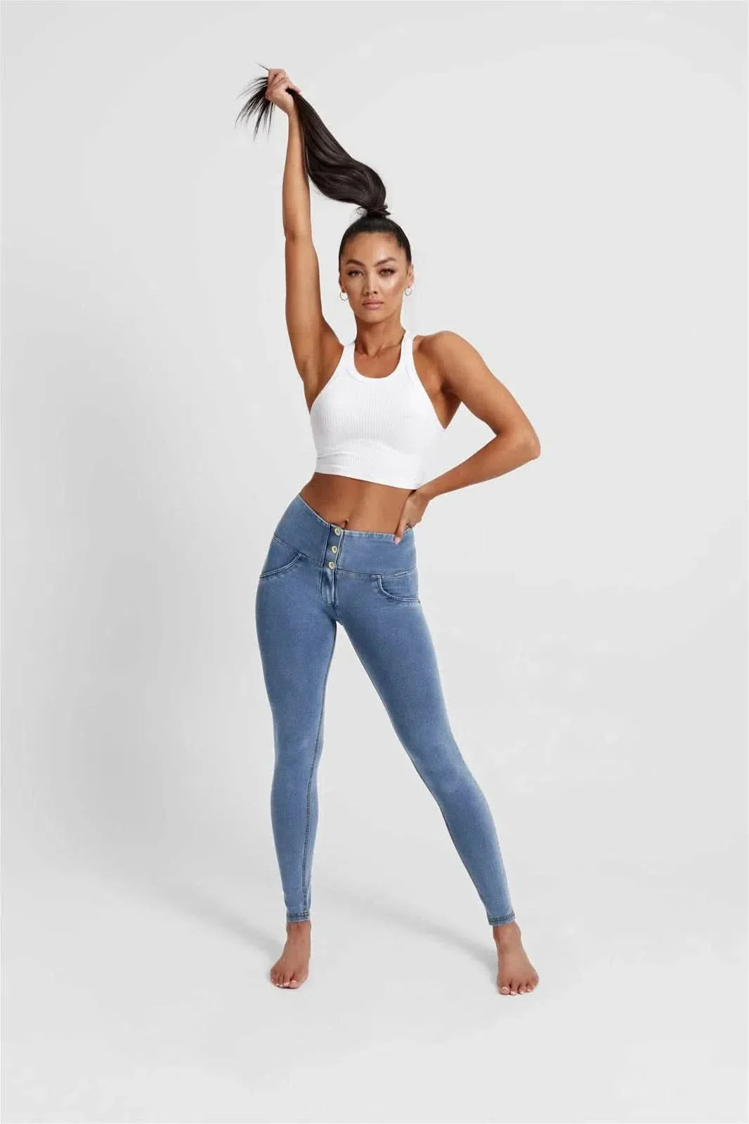 WRUP Denim - 3 Button High Waisted - Full Length - Light Blue + Yellow Stitching - Image 4