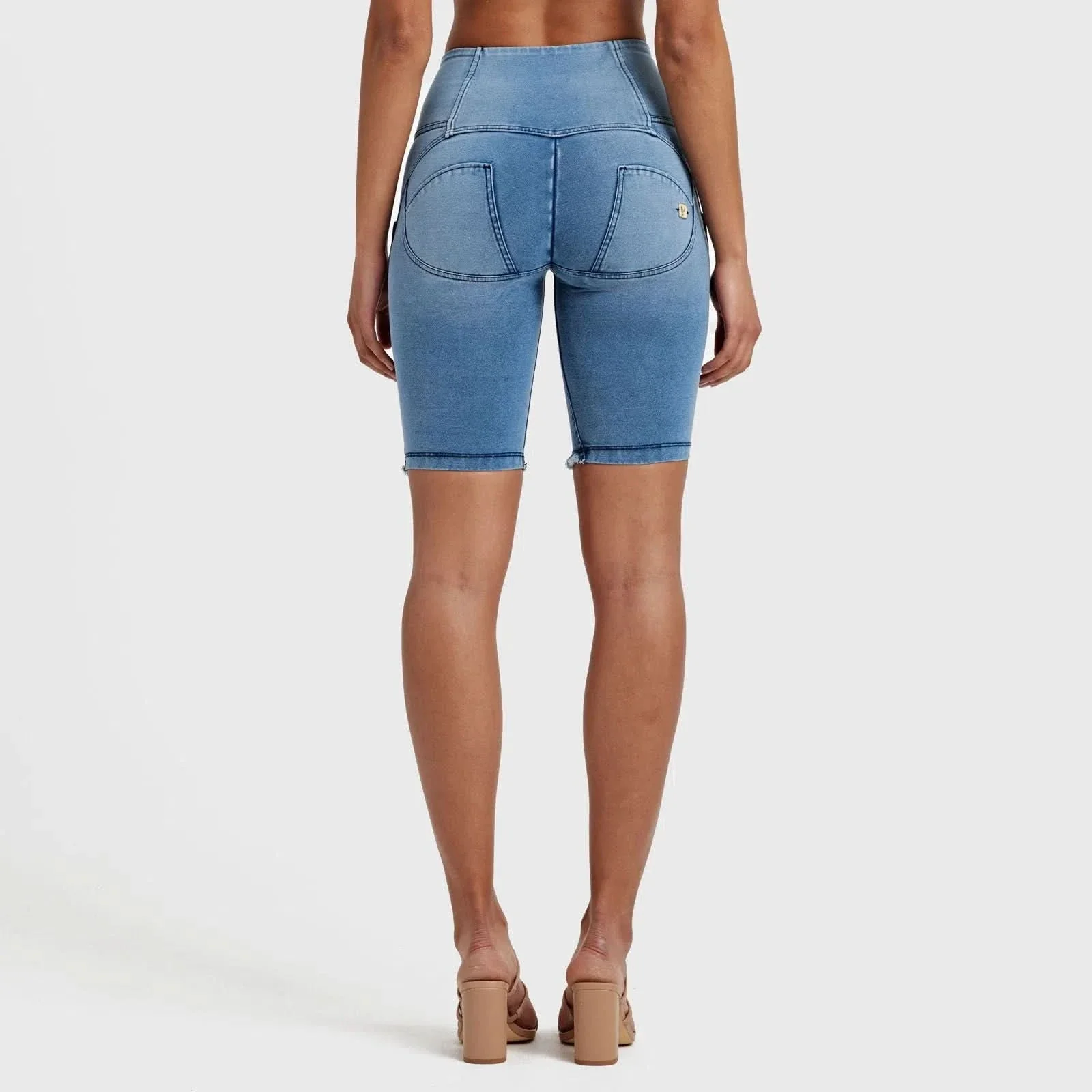 WRUP Denim - High Waisted - 3 Button Biker Shorts - Light Blue + Blue Stitching - Image 6