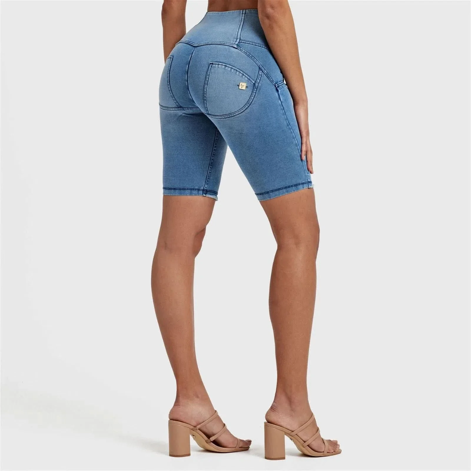 WRUP Denim - High Waisted - 3 Button Biker Shorts - Light Blue + Blue Stitching - Image 7