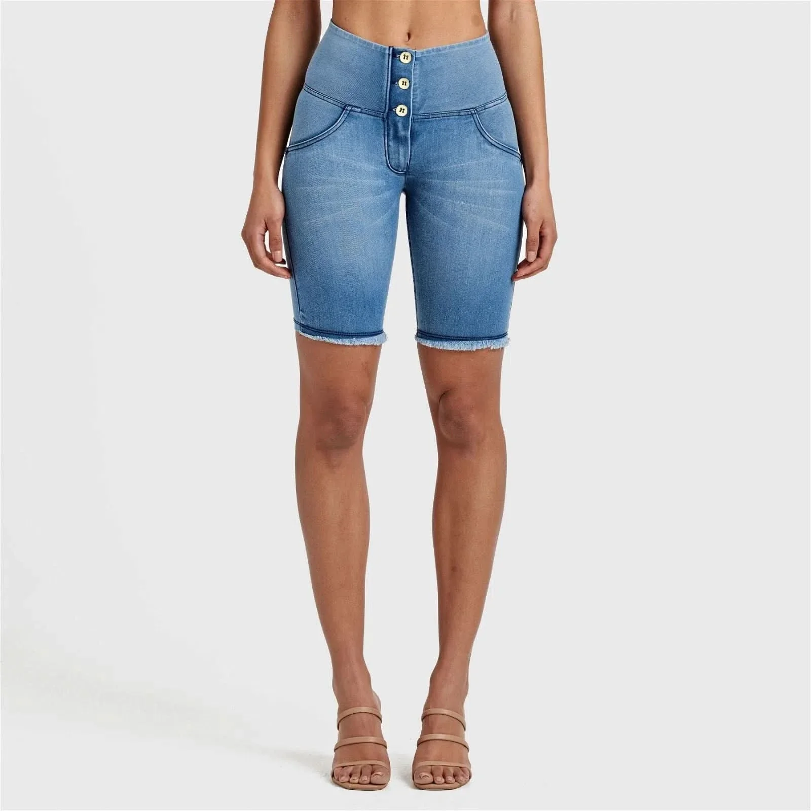 WRUP Denim - High Waisted - 3 Button Biker Shorts - Light Blue + Blue Stitching - Image 9