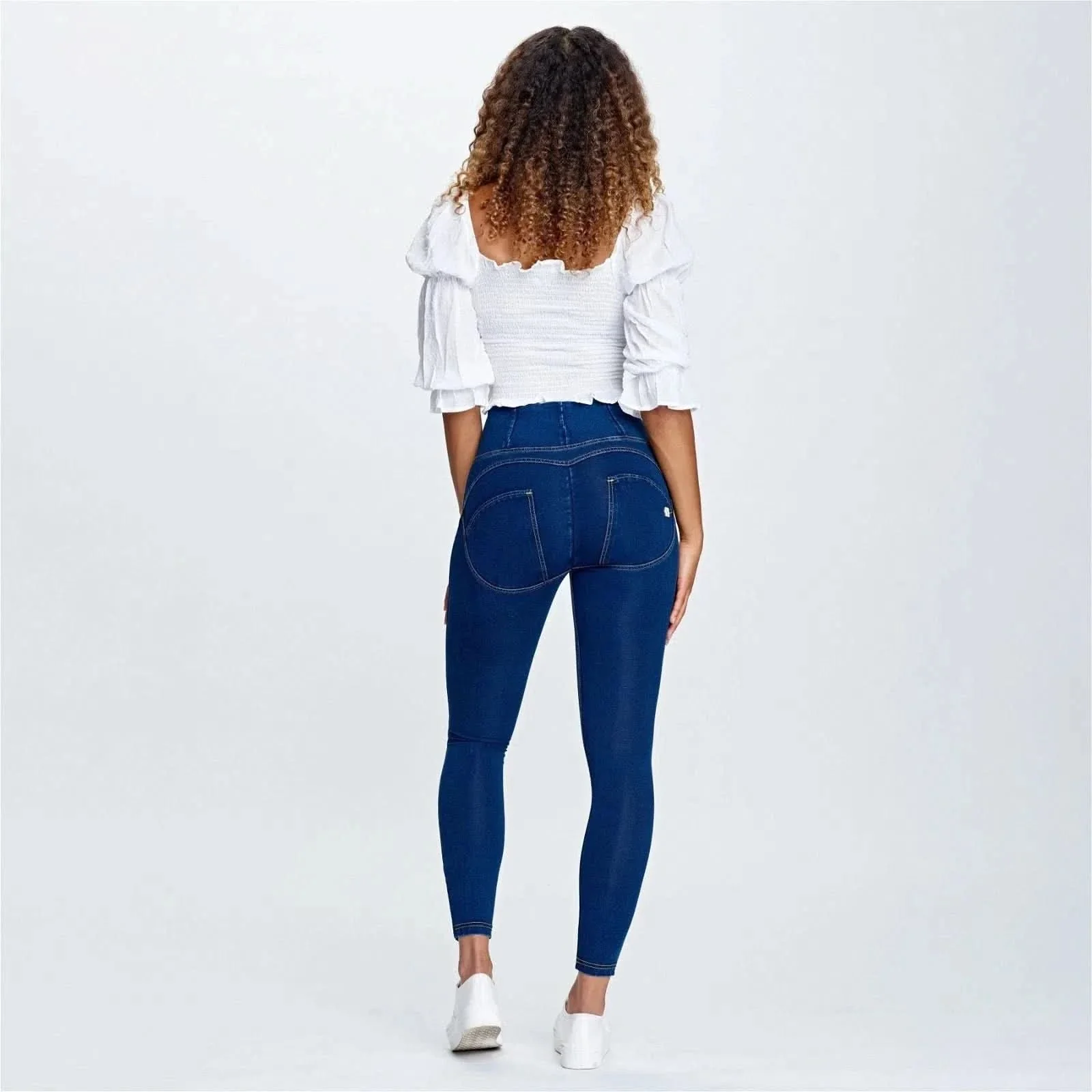 WRUP Denim - High Waisted - 7/8 Length - Dark Blue + Yellow Stitching - Image 10