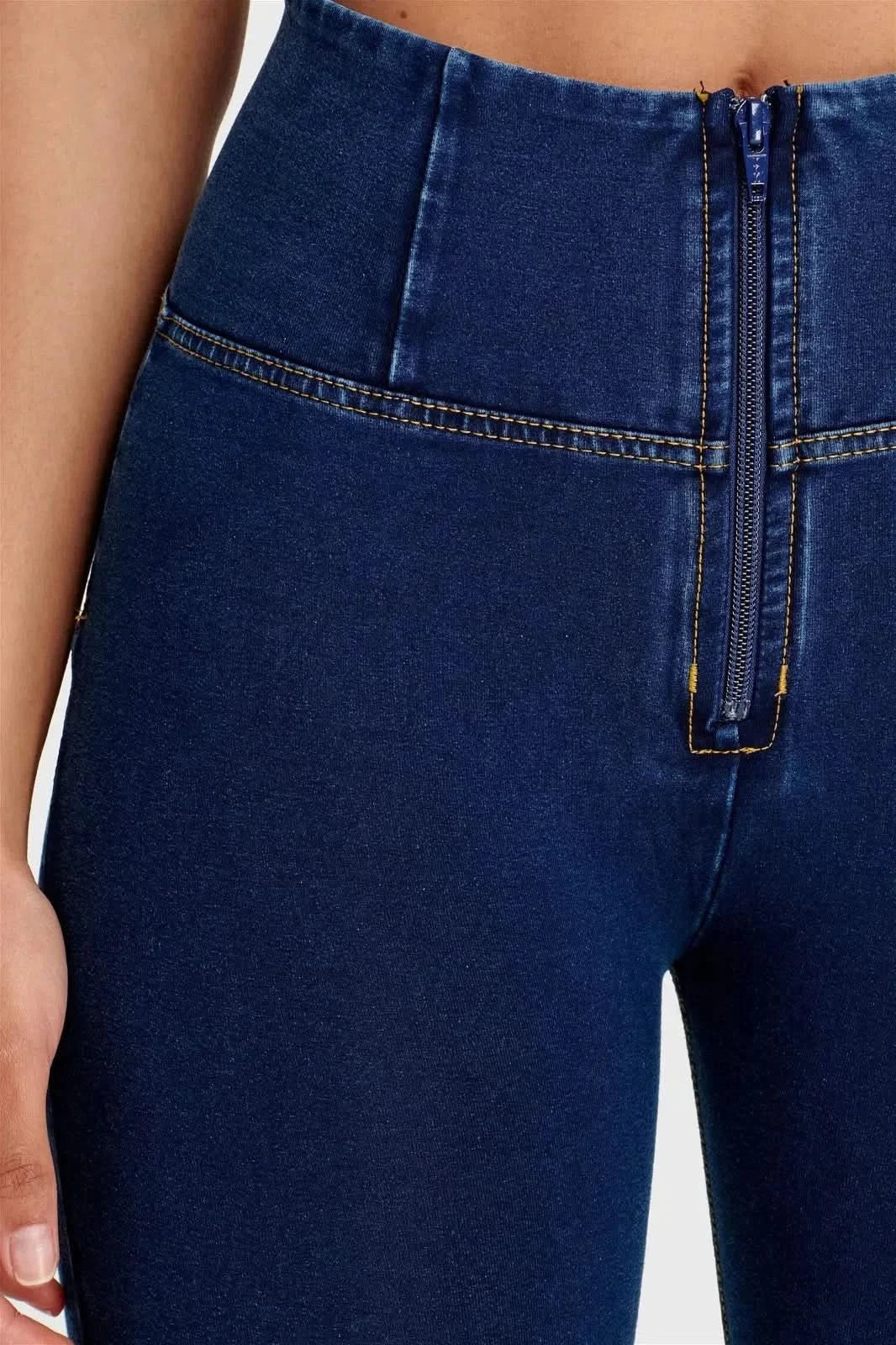 WRUP Denim - High Waisted - 7/8 Length - Dark Blue + Yellow Stitching - Image 11