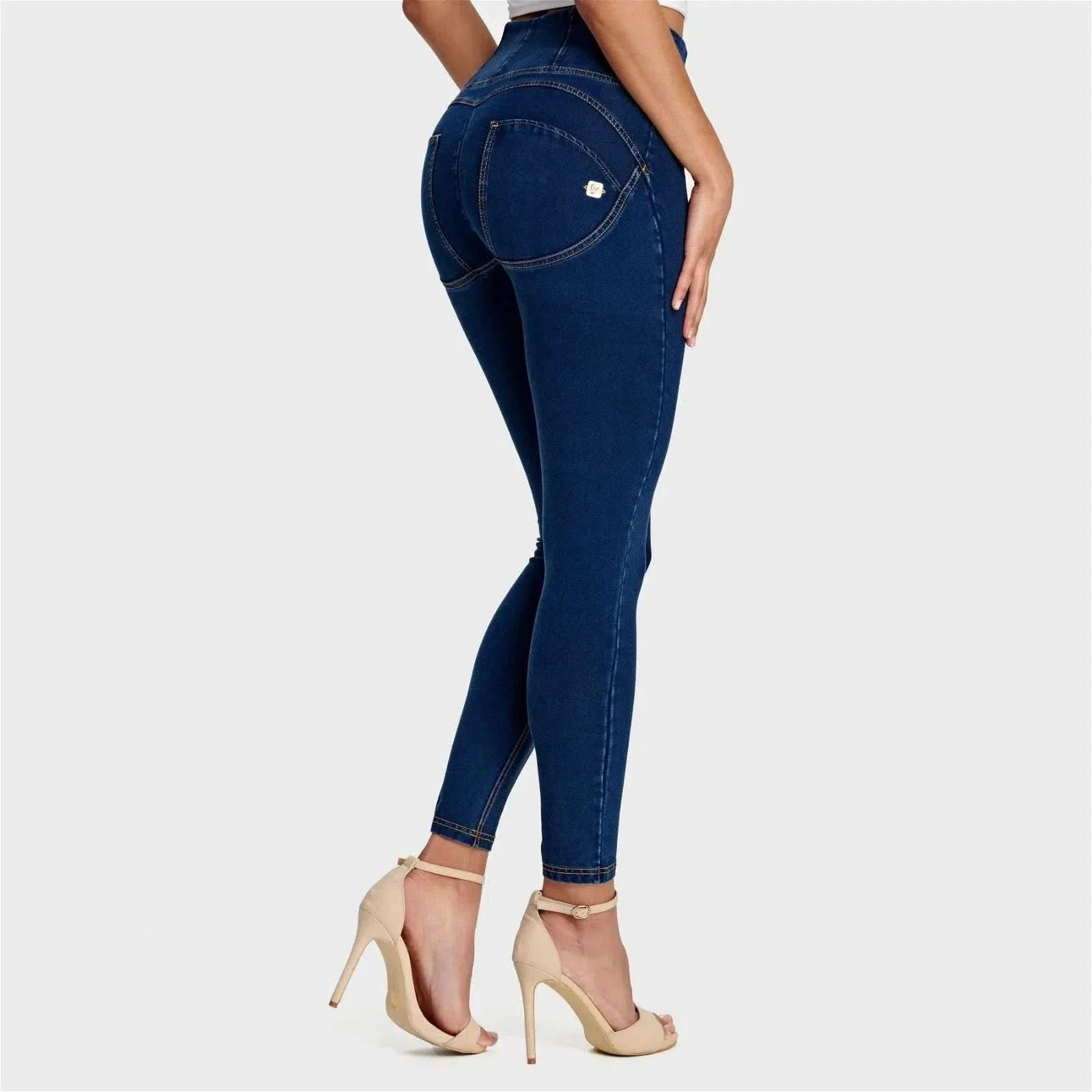 WRUP Denim - High Waisted - 7/8 Length - Dark Blue + Yellow Stitching - Image 5