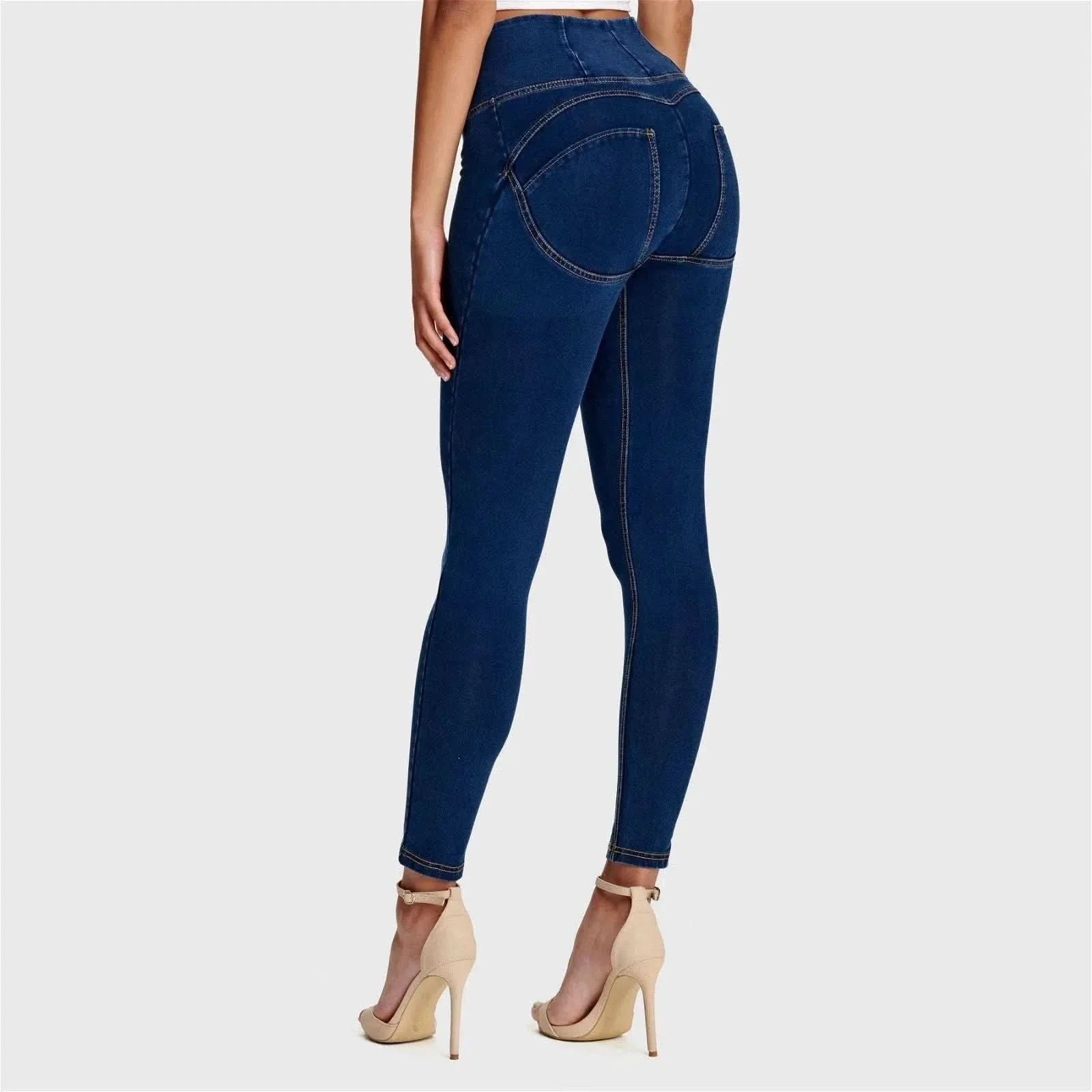 WRUP Denim - High Waisted - 7/8 Length - Dark Blue + Yellow Stitching - Image 6