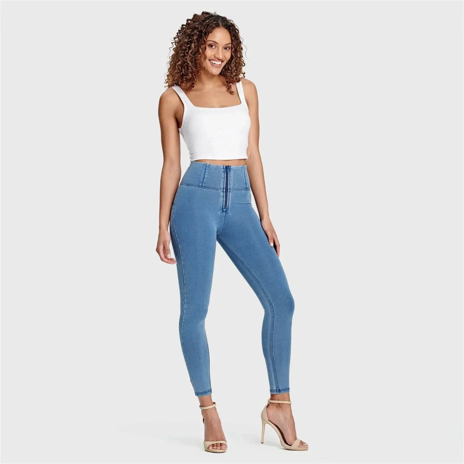 WRUP Denim - High Waisted - 7/8 Length - Light Blue + Blue Stitching - Image 4