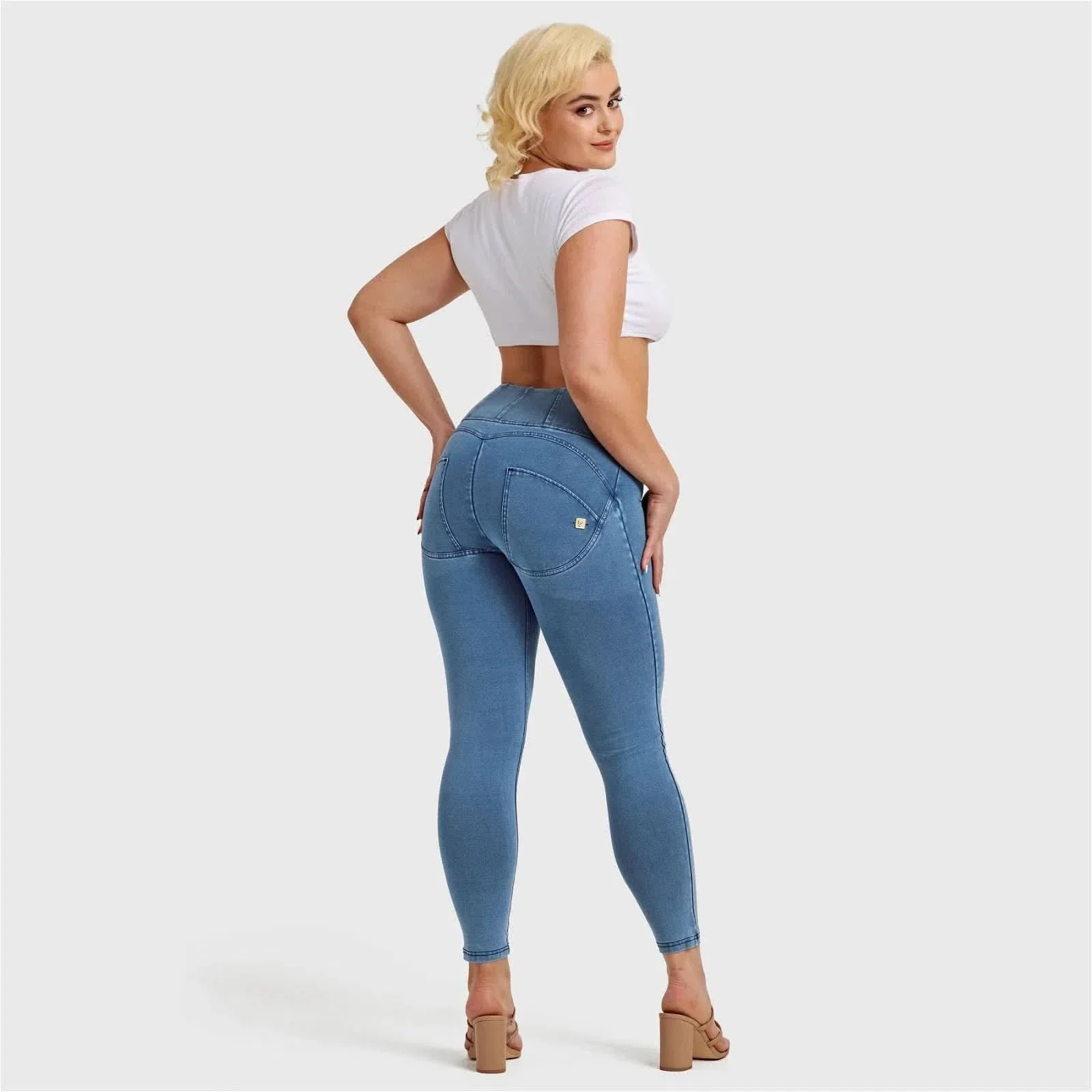 WRUP Denim - High Waisted - 7/8 Length - Light Blue + Blue Stitching - Image 6