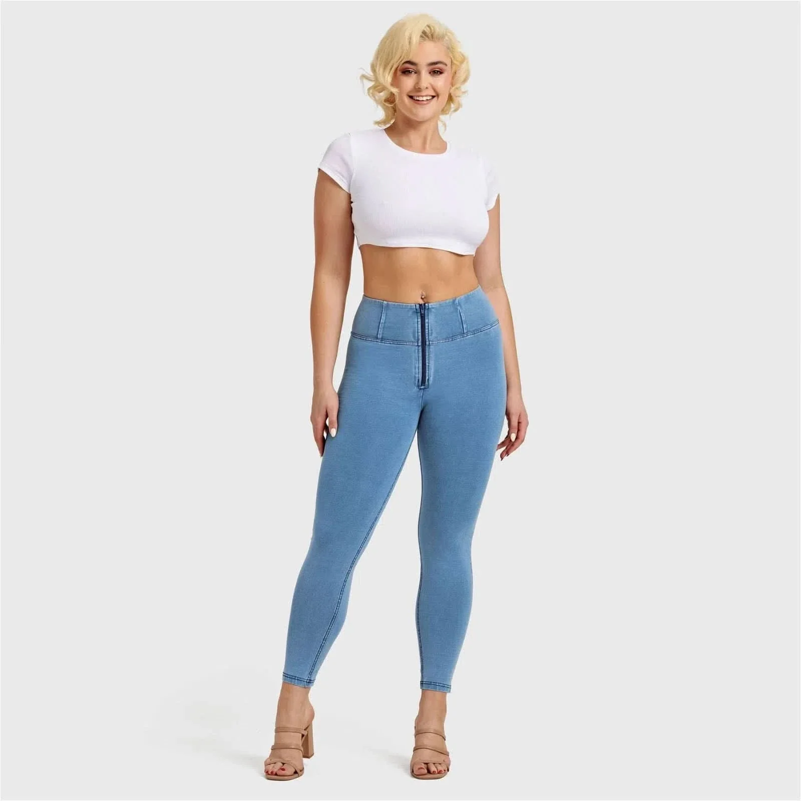 WRUP Denim - High Waisted - 7/8 Length - Light Blue + Blue Stitching - Image 7