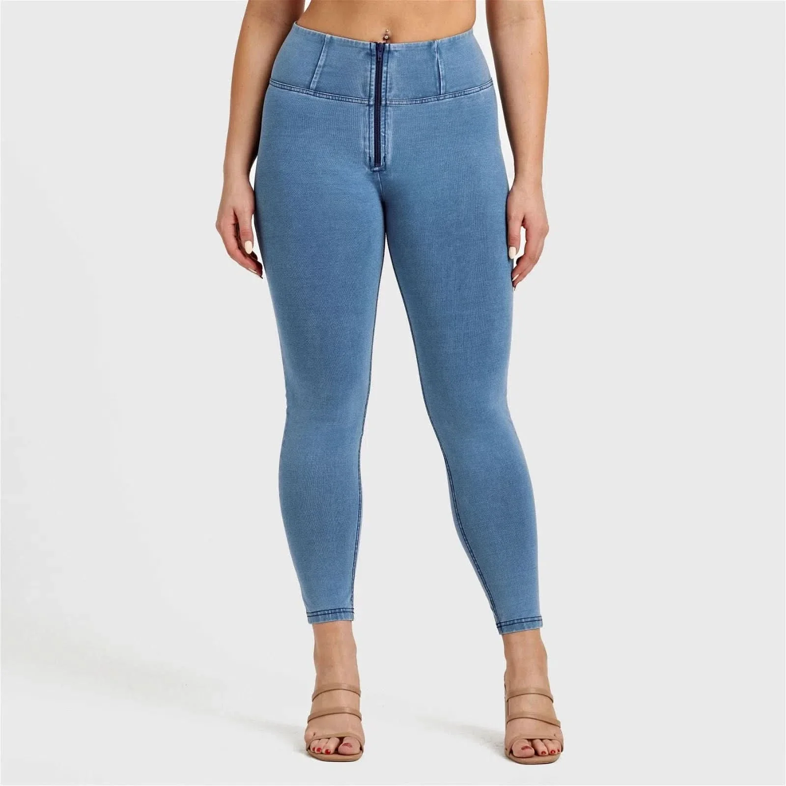 WRUP Denim - High Waisted - 7/8 Length - Light Blue + Blue Stitching - Image 8