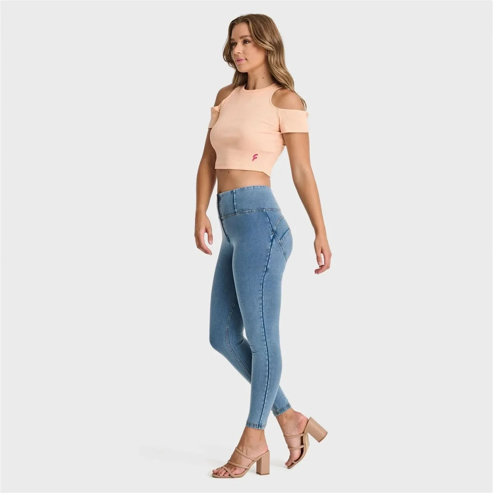 WRUP Denim - High Waisted - 7/8 Length - Light Blue + Yellow Stitching - Image 3