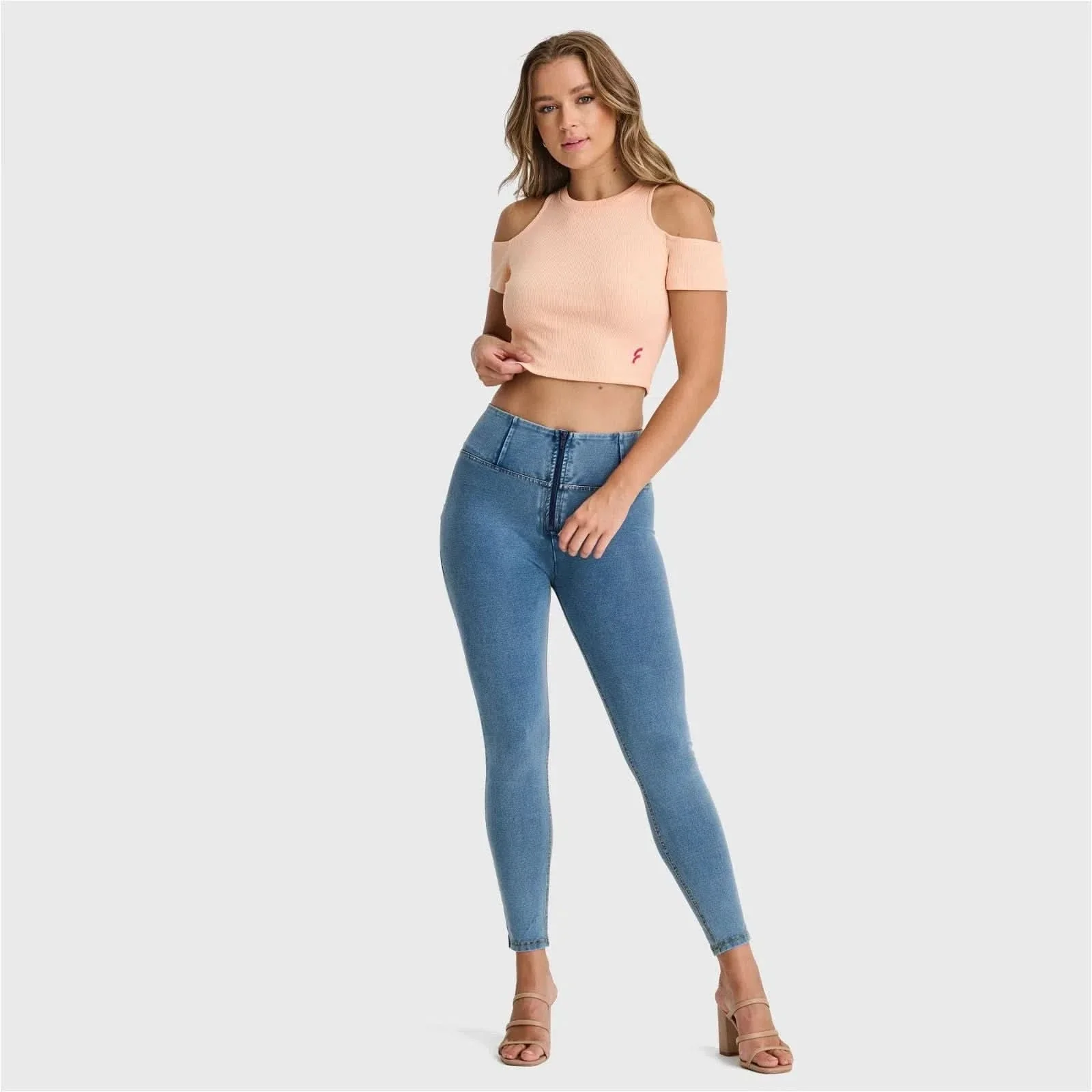 WRUP Denim - High Waisted - 7/8 Length - Light Blue + Yellow Stitching - Image 4