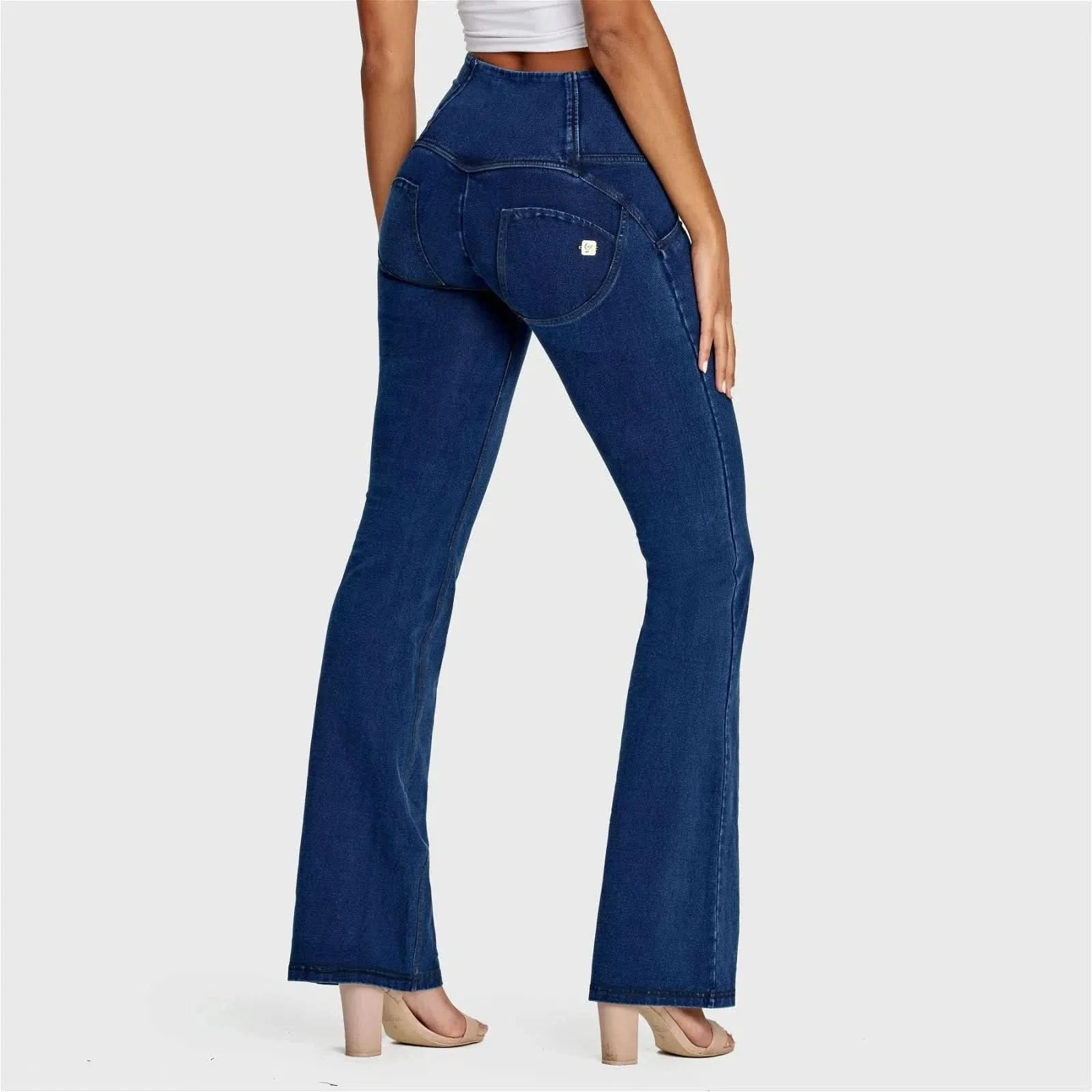 WRUP Denim - High Waisted - Bell Bottom Flare - Dark Blue + Blue Stitching - Image 3