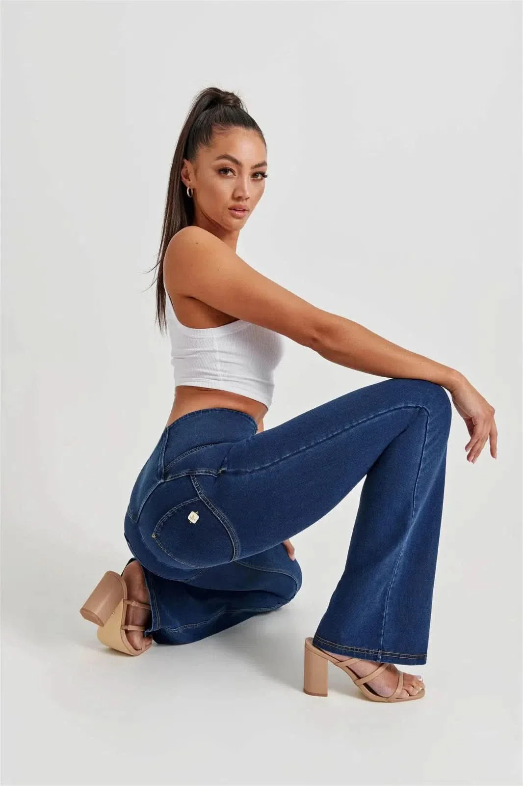 WRUP Denim - High Waisted - Bell Bottom Flare - Dark Blue + Yellow Stitching - Image 4
